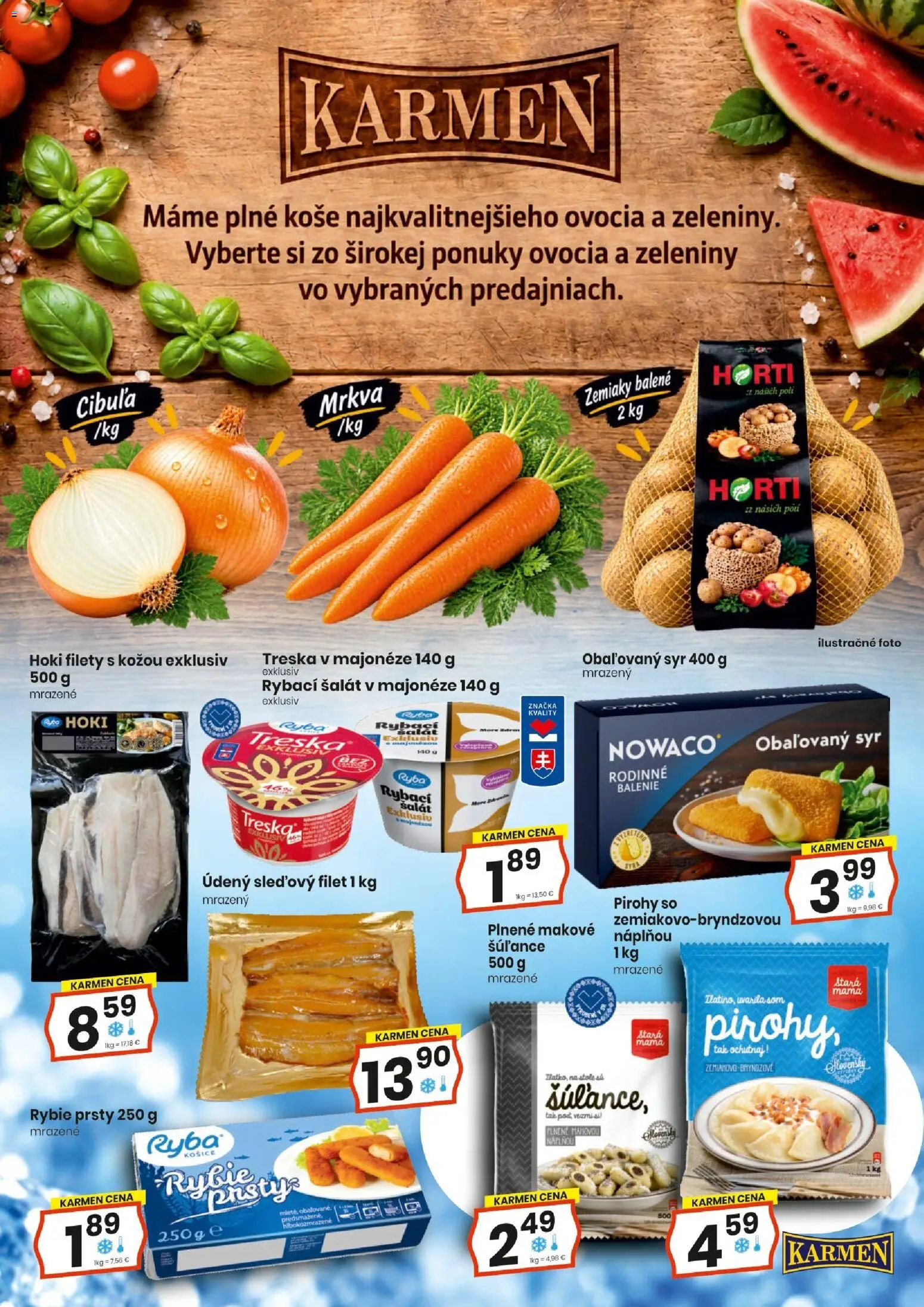 Náhľad KARMEN CBA letáku platného od 15.10.2026 - Syr, Pirohy, Ryba, Šalát, Treska, Zemiaky, Cibuľa, Rybie prsty