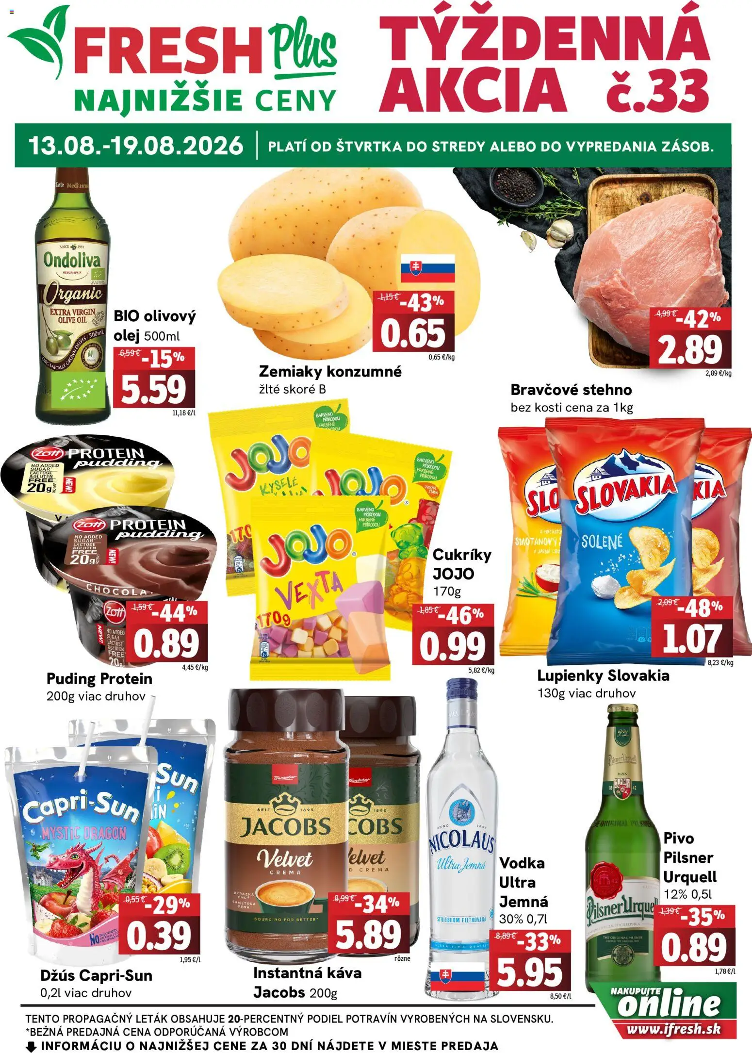 Náhľad Fresh letáku platného od 13.08.2026 - Protein, Pilsner Urquell, Olej, Puding, Zemiaky, Instantná káva, Pena, Cukríky