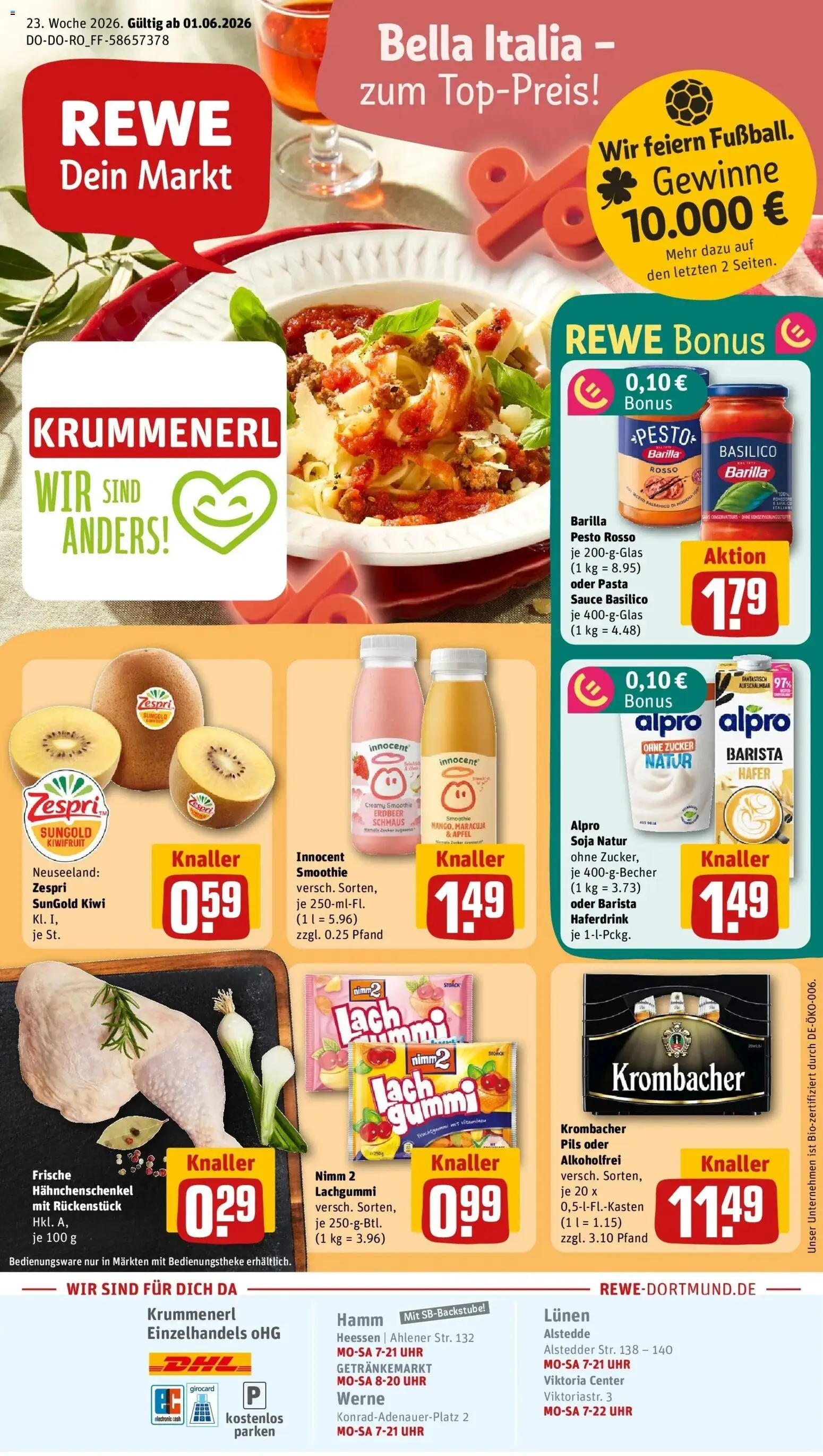 Vorschau von dem Prospekt des Geschäftes Rewe, gültig ab dem 01.06.2026 - Uhr, Äpfel, Kiwi, Krombacher, Barilla pesto, Alpro, Pils, Haferdrink
