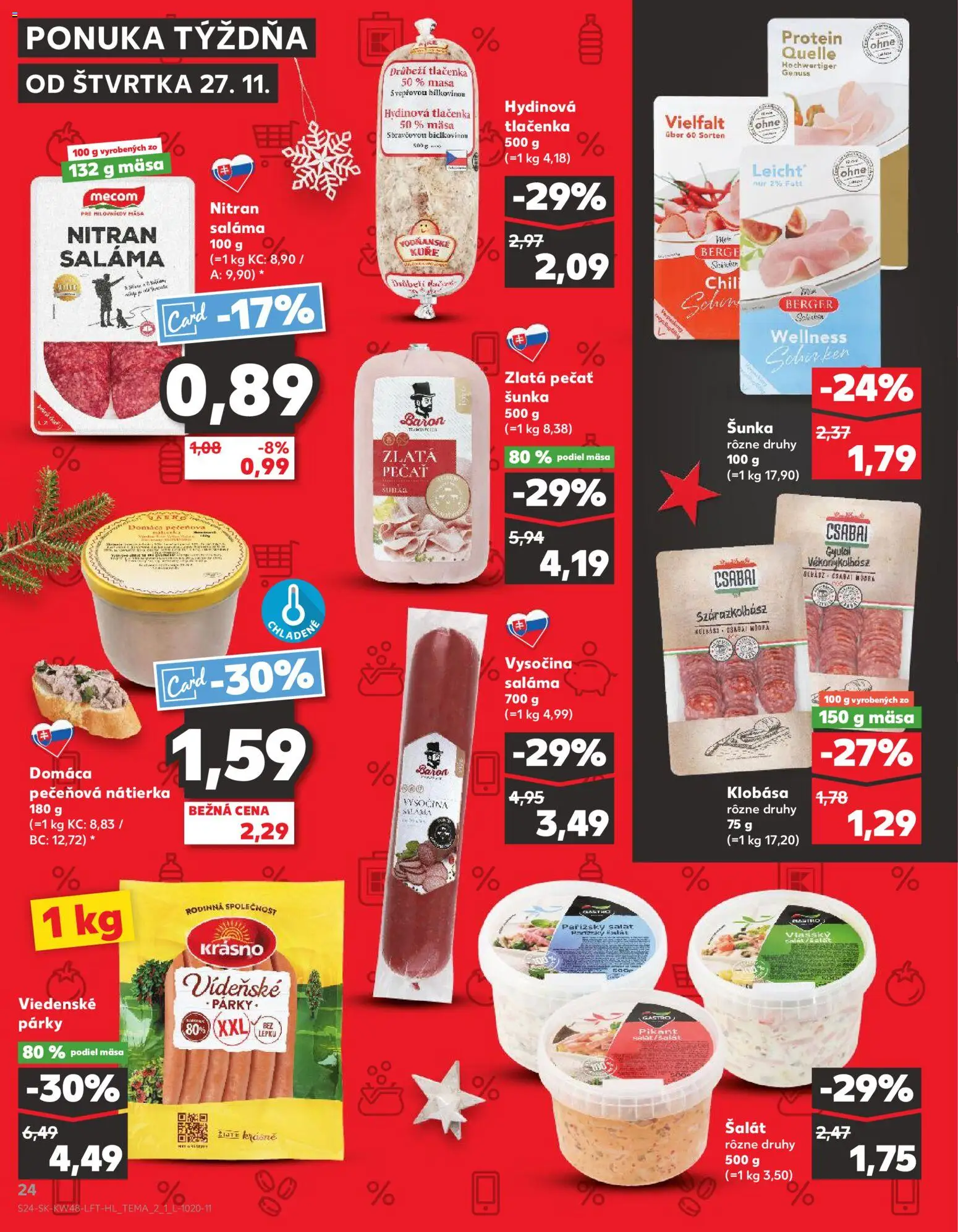 Náhľad Kaufland letáku platného od 27.11.2025 - Protein, Šalát, Klobása, Šunka, Párky, Nátierka, Tlačenka, Saláma