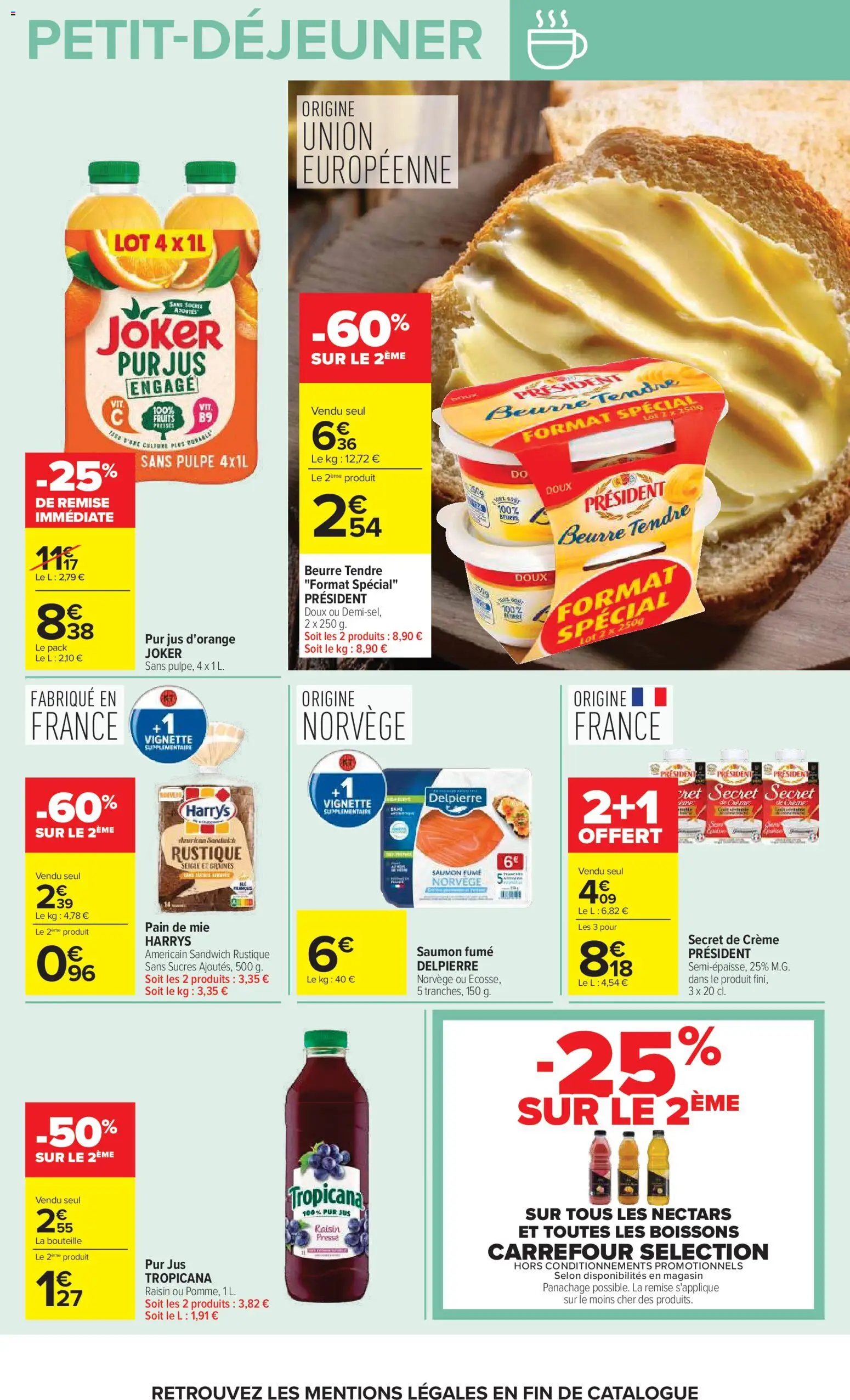 Prévisualisation de Carrefour Petit déjeuner du magasin Carrefour formulaire valide 03/11/2026 - Orange, Sandwich, Fruits, Saumon, Saumon fumé, Crème, Bouteille, Boissons