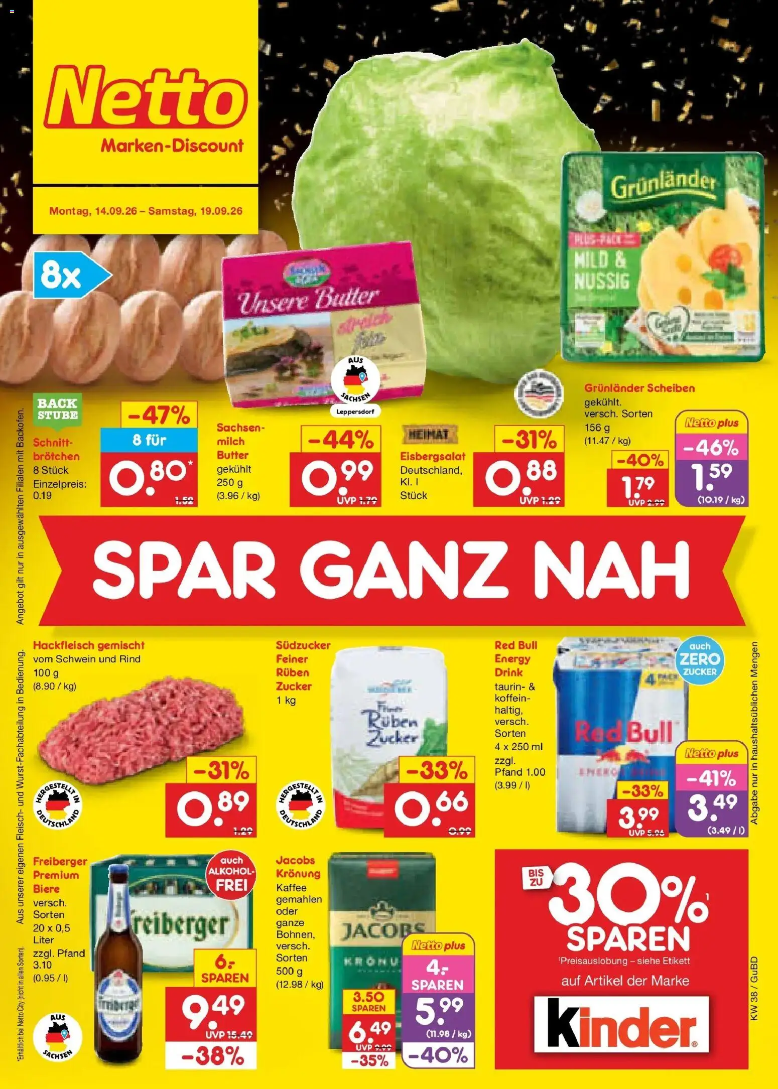Vorschau von dem Prospekt des Geschäftes Netto Marken-Discount, gültig ab dem 14.09.2026 - Butter, Red bull, Alkohol, Milch, Fleisch, Hackfleisch, Energy, Eisbergsalat