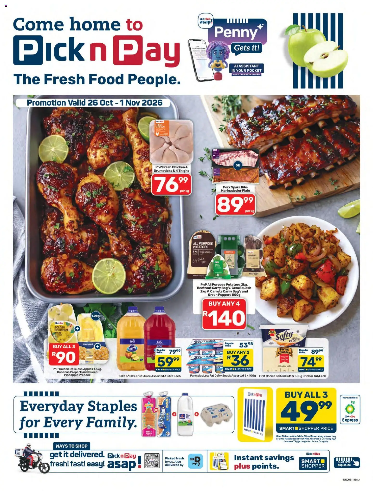 Preview of Pick n Pay flyer valid from 26/10/2026 - Apples, Bag, Eggs, Milk, Butter, Juice, Ribs, Squash