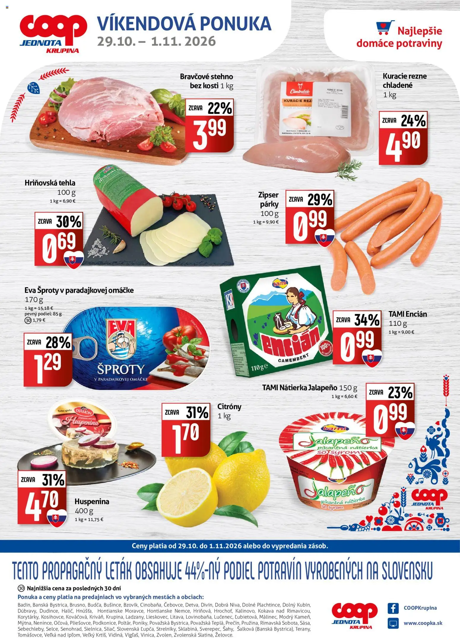 Náhľad COOP Jednota letáku platného od 29.10.2026 - Kuracie rezne, Camembert, Párky, Bravčové stehno, Rezne, Nátierka, Encián, Citróny