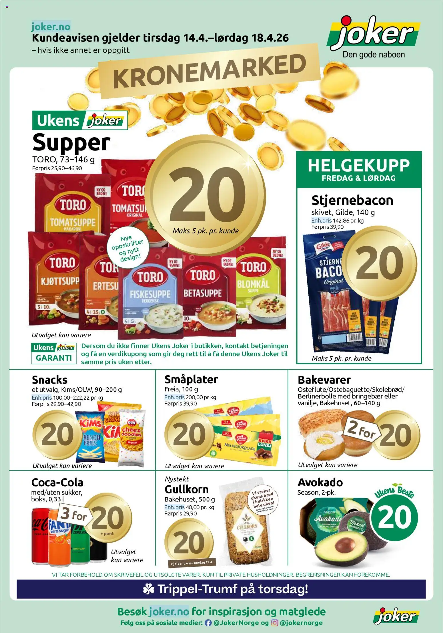 Forhåndsvis Joker kundeavis fra butikk Joker gyldig fra 14/04/2026 - Bacon, Stjernebacon, Kontakt, Brød, Bringebær, Supper, Berlinerbolle, Fiskesuppe