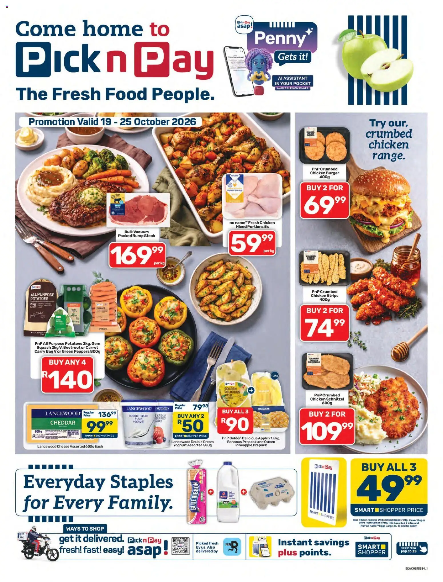Preview of Pick n Pay flyer valid from 19/10/2026 - Eggs, Pineapple, Potatoes, Steak, Rump steak, Cream, Carrots, Chicken strips