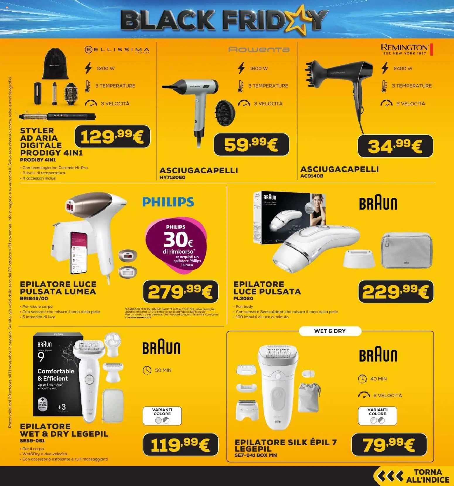 Anteprima dell'opuscolo Euronics Black Friday dal negozio Euronics valido da 29/10/2026 - Asciugacapelli, Epilatore
