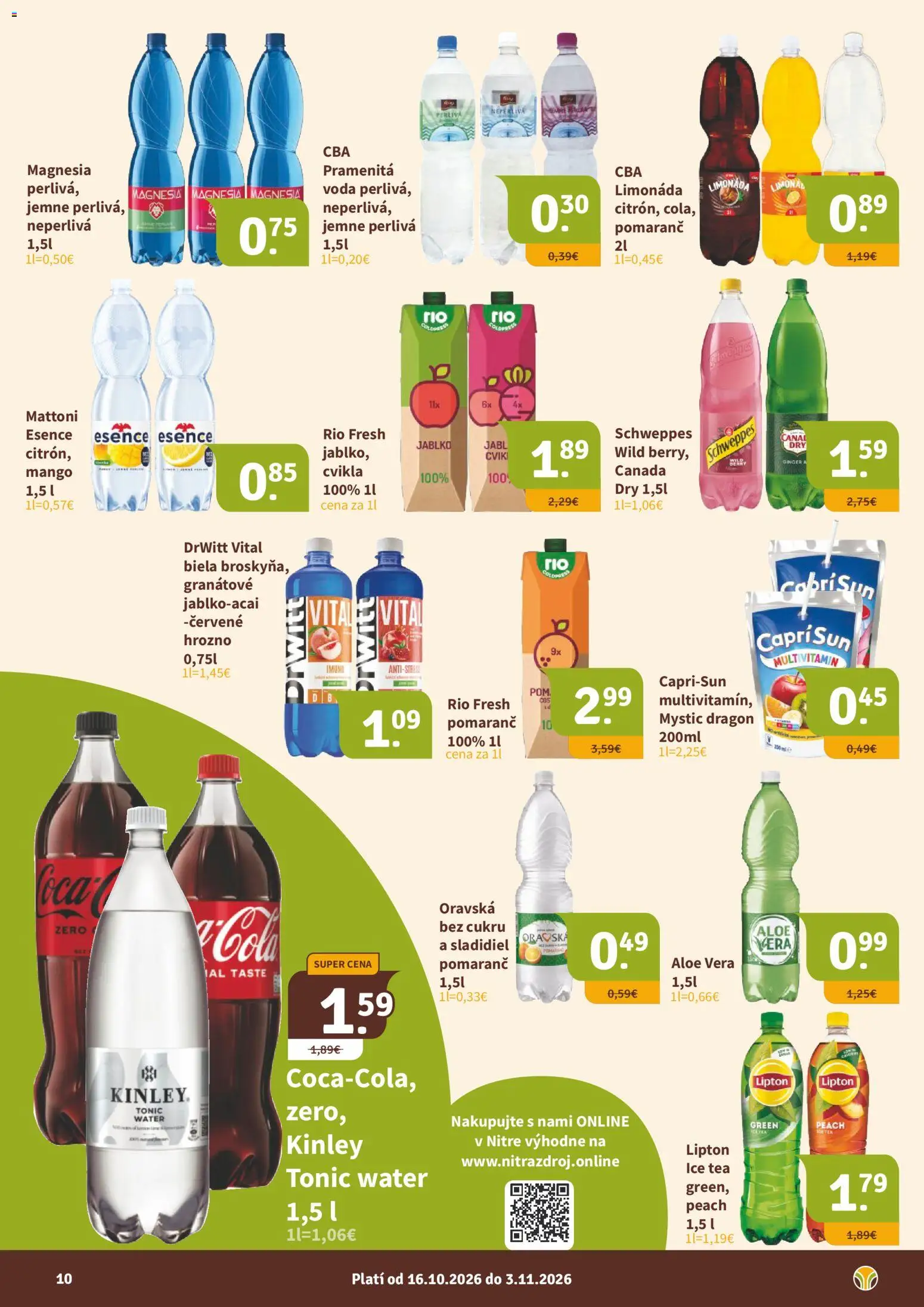 Náhľad Nitrazdroj letáku platného od 16.10.2026 - Mango, Voda, Aloe Vera, Cvikla, Tonic, Cola, Magnesia, Limonáda