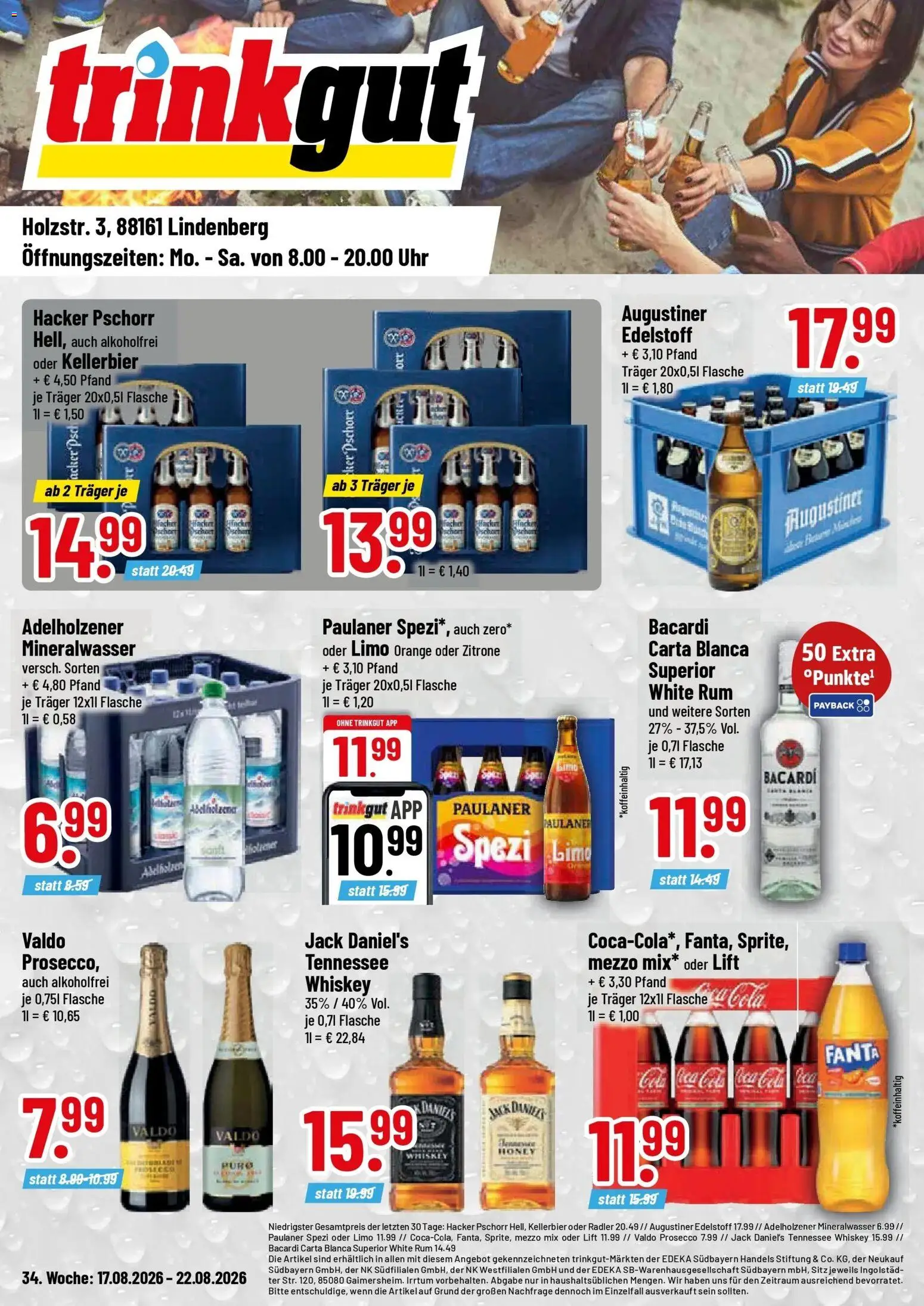 Vorschau von dem Prospekt des Geschäftes Trinkgut, gültig ab dem 17.08.2026 - Uhr, Coca cola, Mineralwasser, Bacardi, Paulaner spezi, Whiskey, Radler, Adelholzener