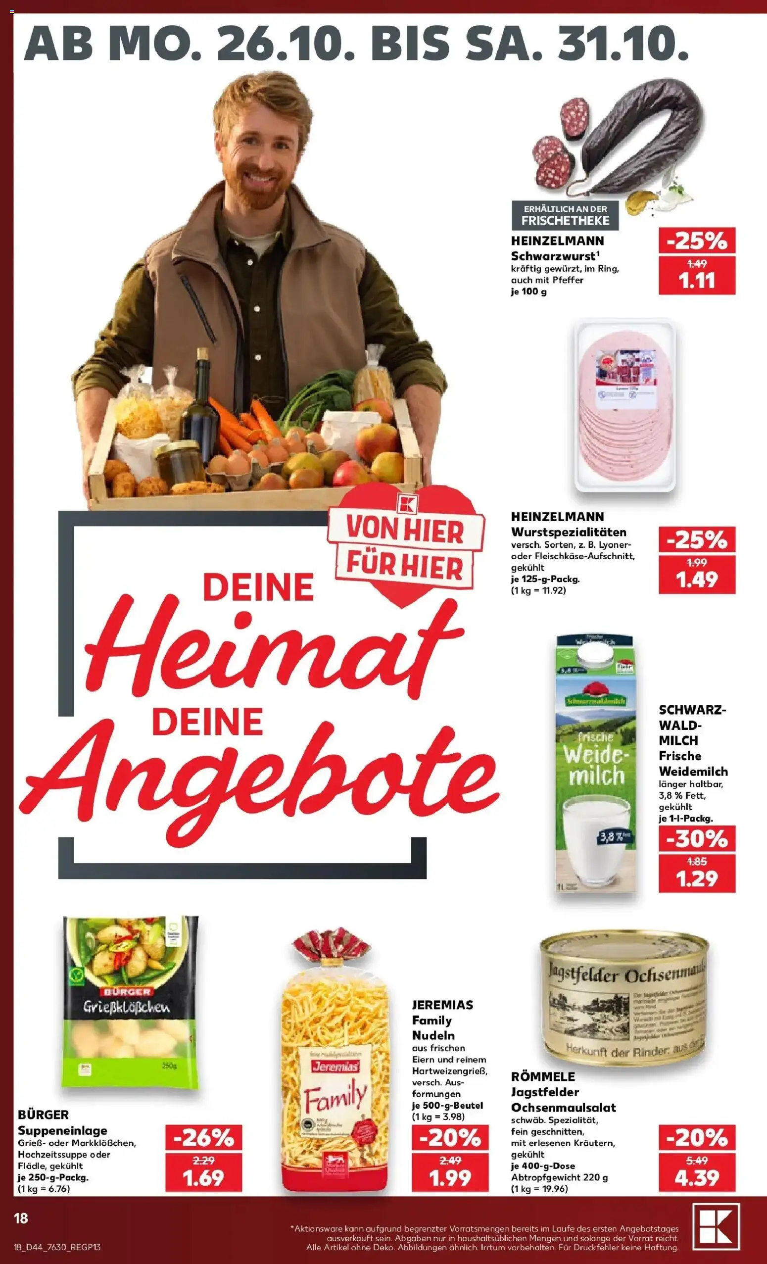 Vorschau von dem Prospekt des Geschäftes Kaufland, gültig ab dem 26.10.2026 - Burger, Nudeln, Milch, Pfeffer, Grieß