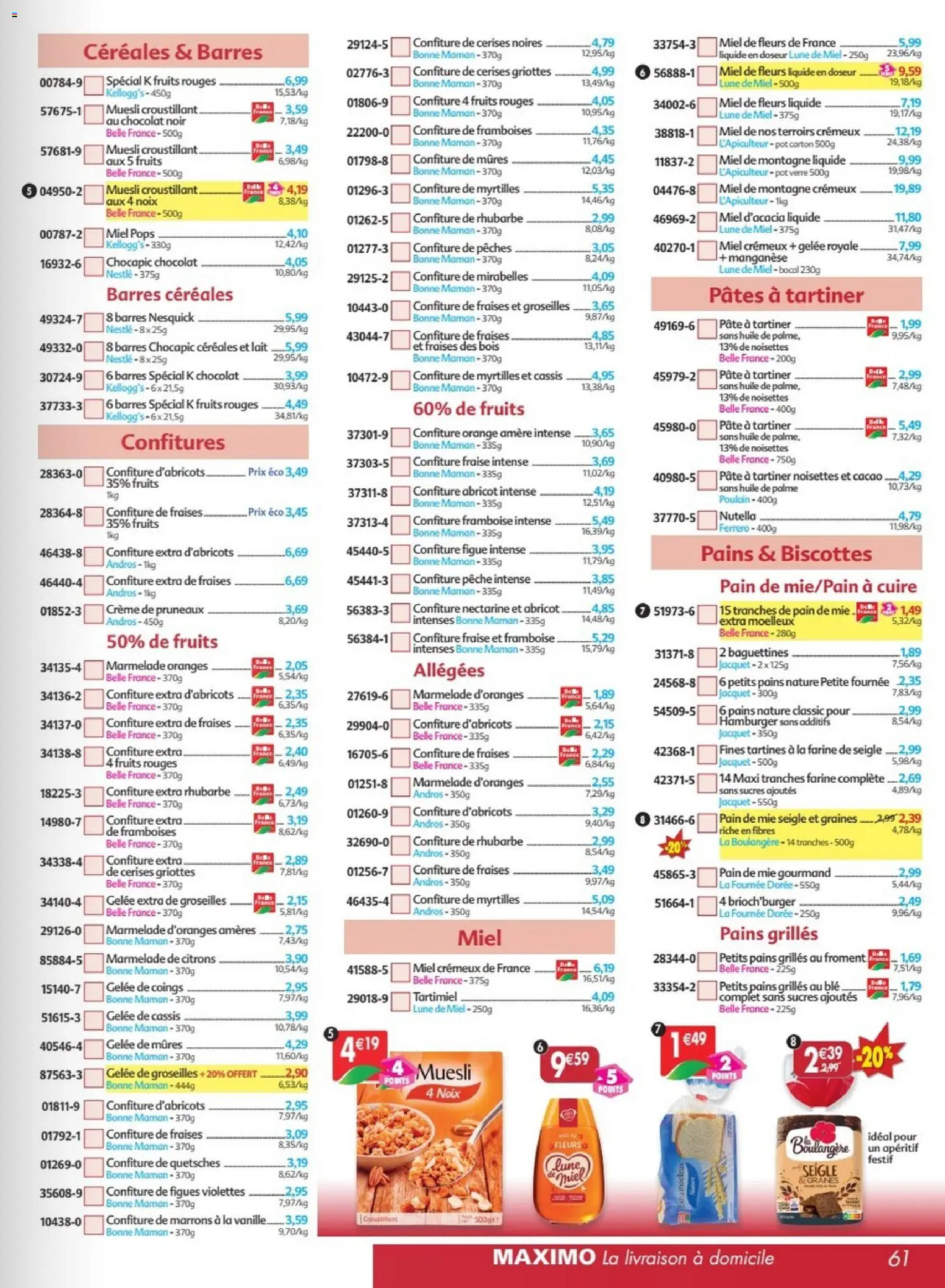 Prévisualisation de Maximo catalogue epicerie du magasin Maximo formulaire valide 24/08/2026 - Pêche, Fraise, Muesli, Huile, Pruneaux, Pain de mie, Confiture figue, Noisettes