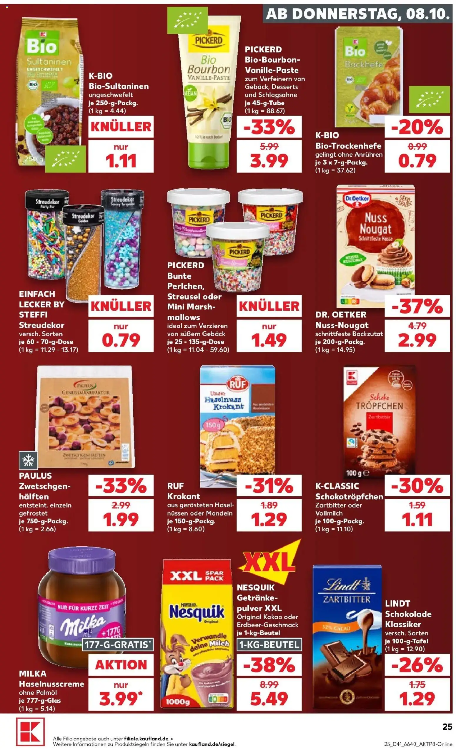 Vorschau von dem Prospekt des Geschäftes Kaufland, gültig ab dem 08.10.2026 - Schokolade, Milch, Milka, Schlagsahne, Mandeln, Zwetschgen, Bourbon, Nesquik