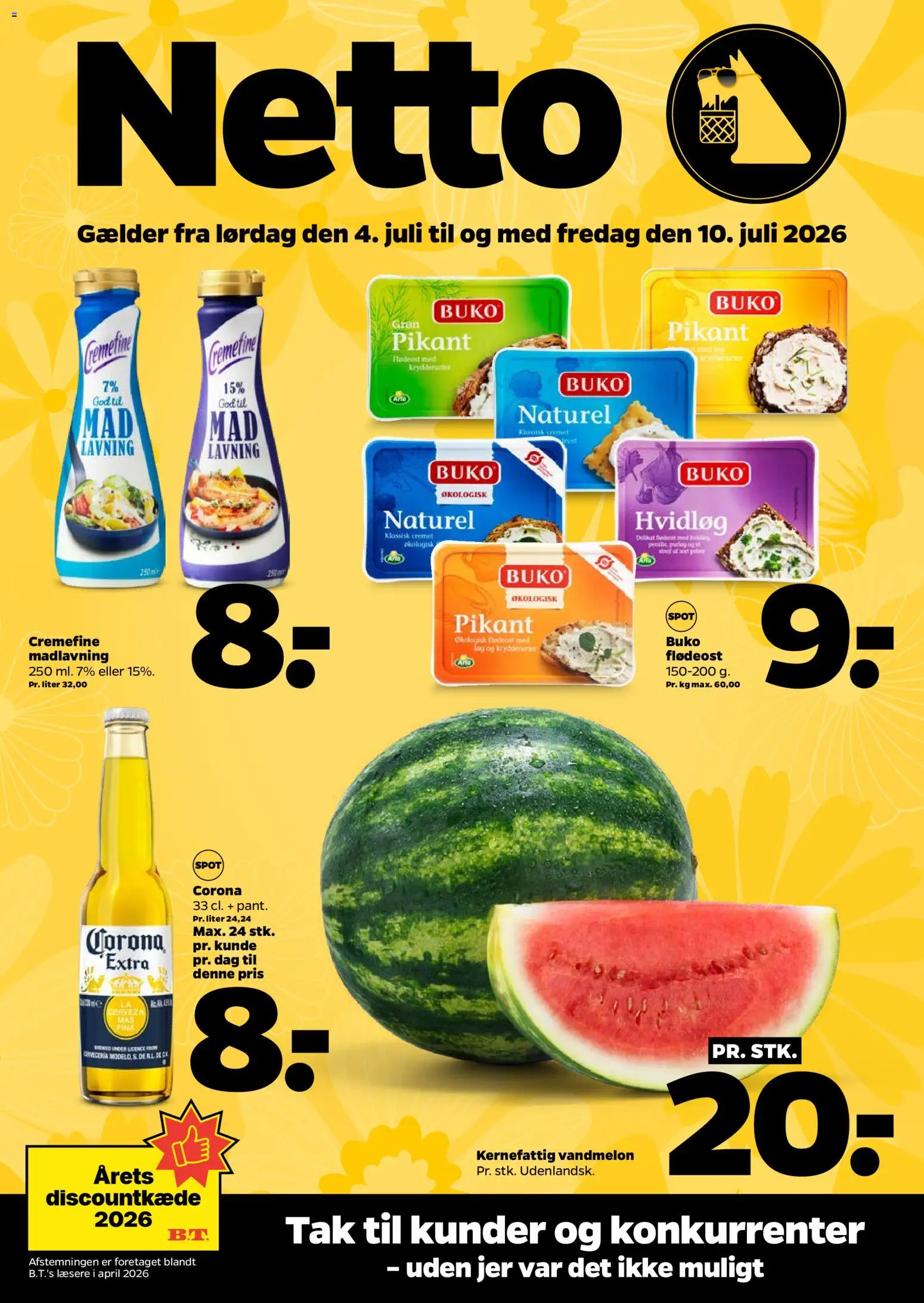 Eksempel på tilbudsavis Netto - Tilbudsavis uge 28 fra butik Netto gyldig fra 04/07/2026 - Vandmelon, Flødeost, Hvidløg