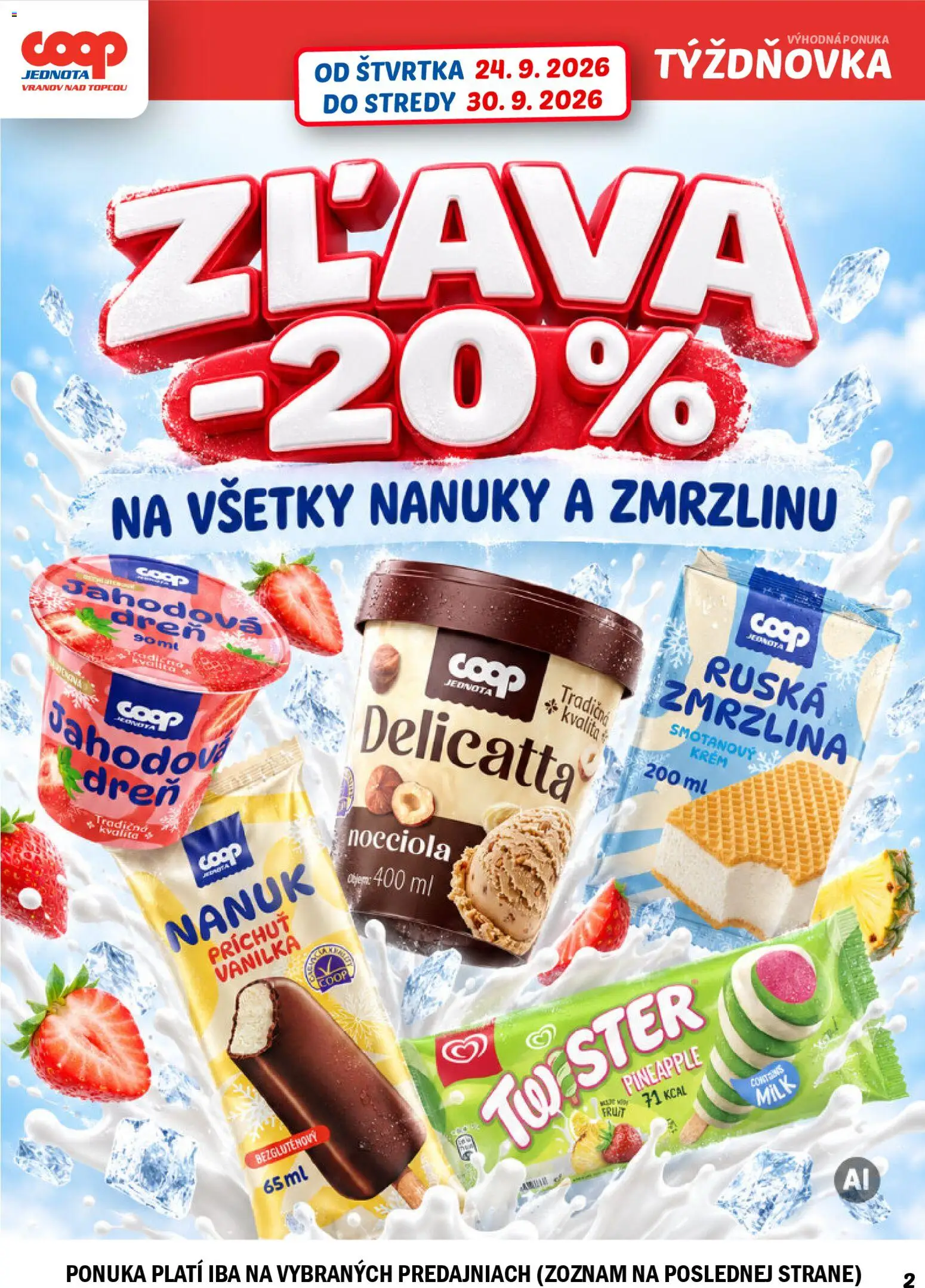 Náhľad COOP Jednota letáku platného od 24.09.2026 - Zmrzlina, Vanilka, Nanuk, Nanuky, Krém
