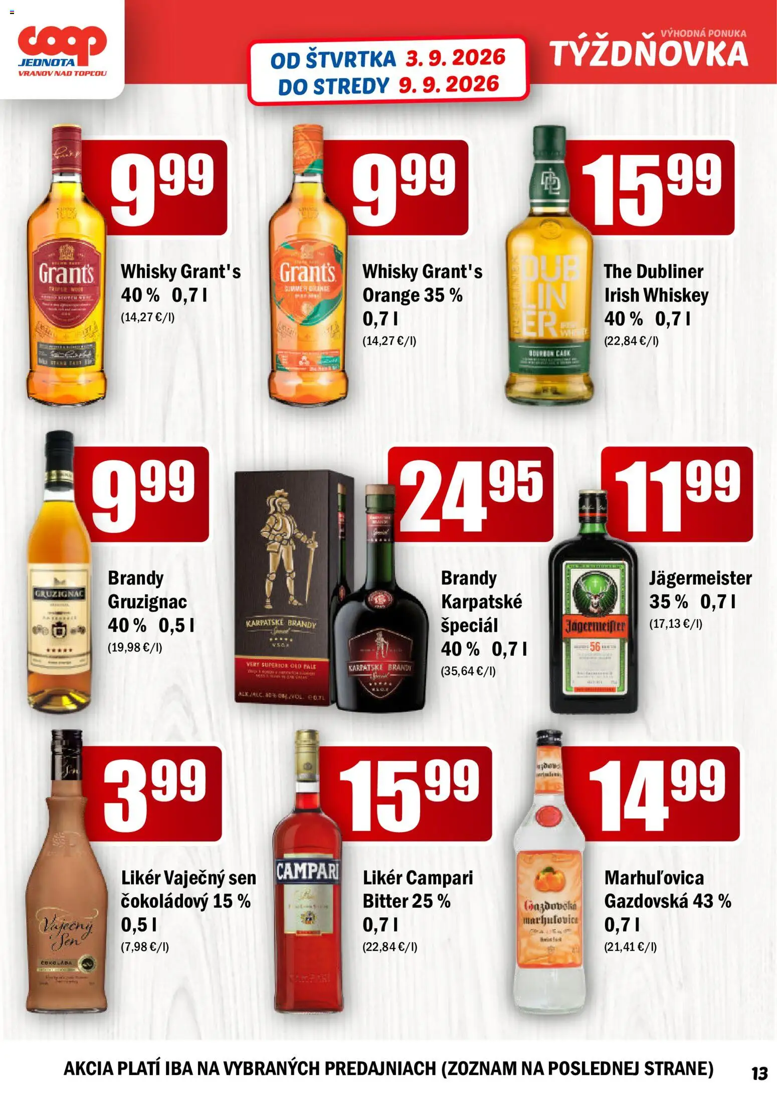 Náhľad COOP Jednota letáku platného od 03.09.2026 - Jägermeister, Whisky, Campari, Bourbon, Brandy, Grant's Whisky, Karpatské brandy, Vaječný sen