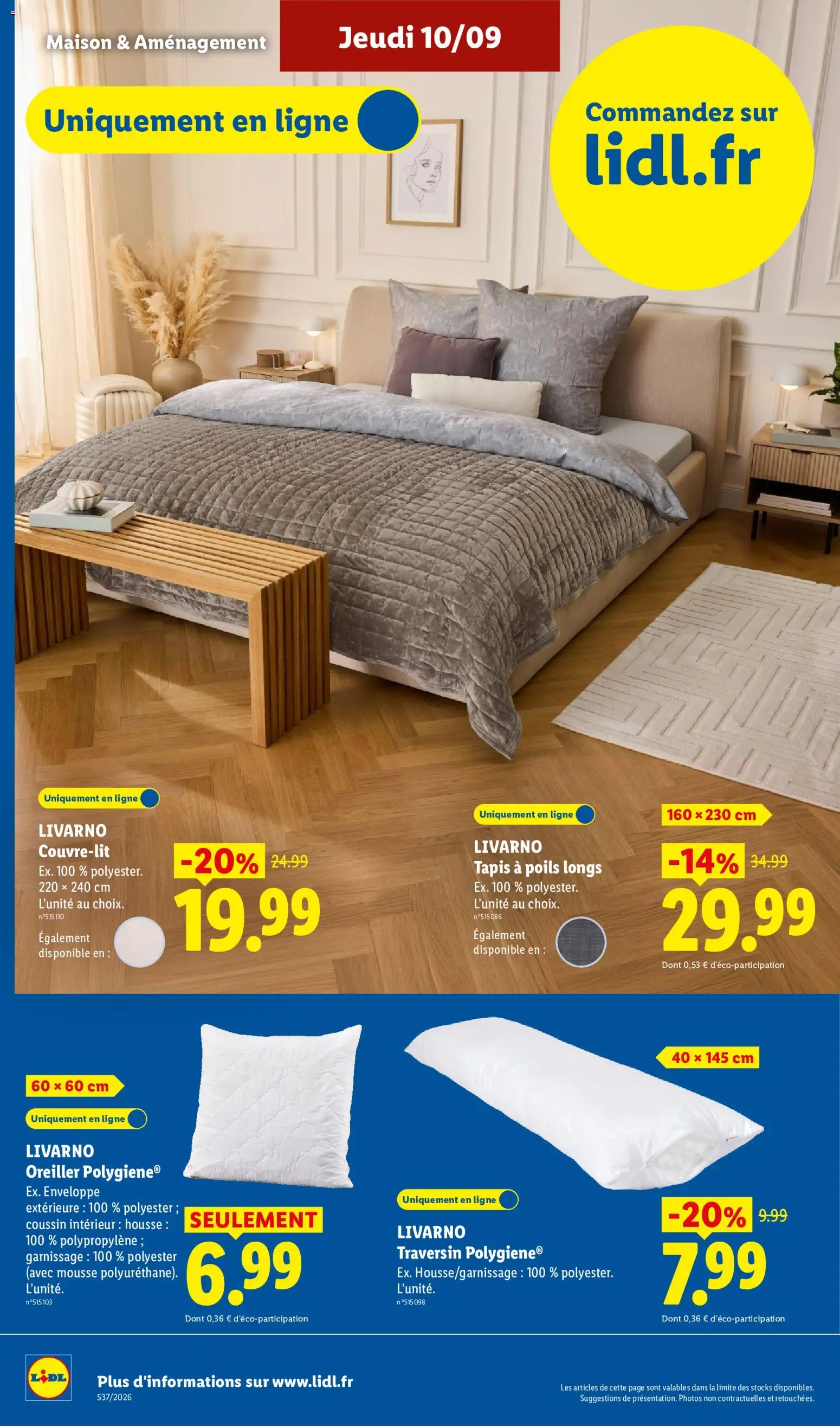 Prévisualisation de LIDL catalogue les bonnes affaires Exclu Web du magasin LIDL formulaire valide 07/09/2026 - Tapis, Oreiller, Enveloppe, Mousse, Livarno