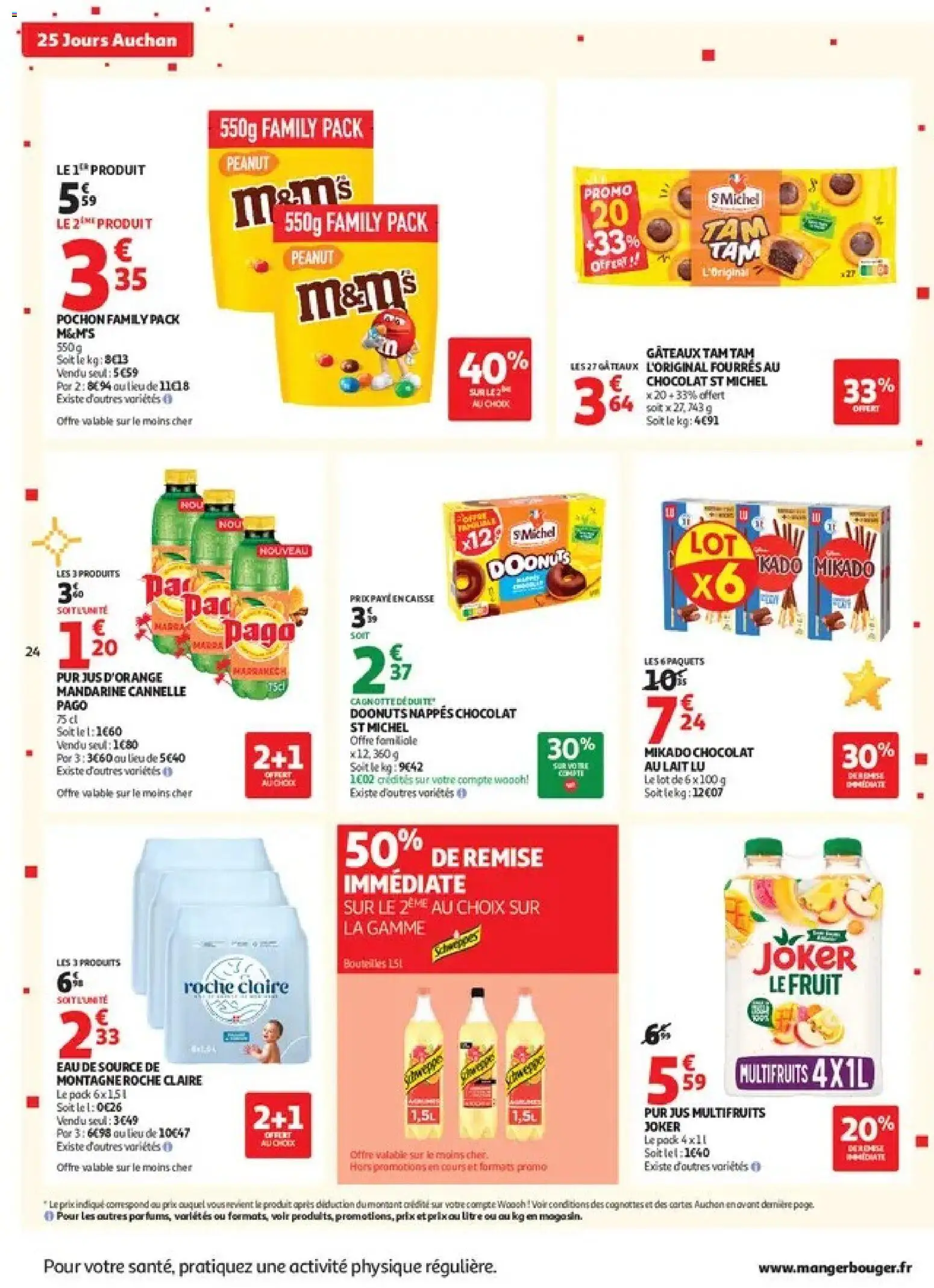 Prévisualisation de Auchan 25 jours 1 supers du magasin Auchan formulaire valide 27/10/2026 - Marrakech, Lait, M&M's, Jus, Eau de source, Chocolat au lait, Jus multifruits, Jus d'orange