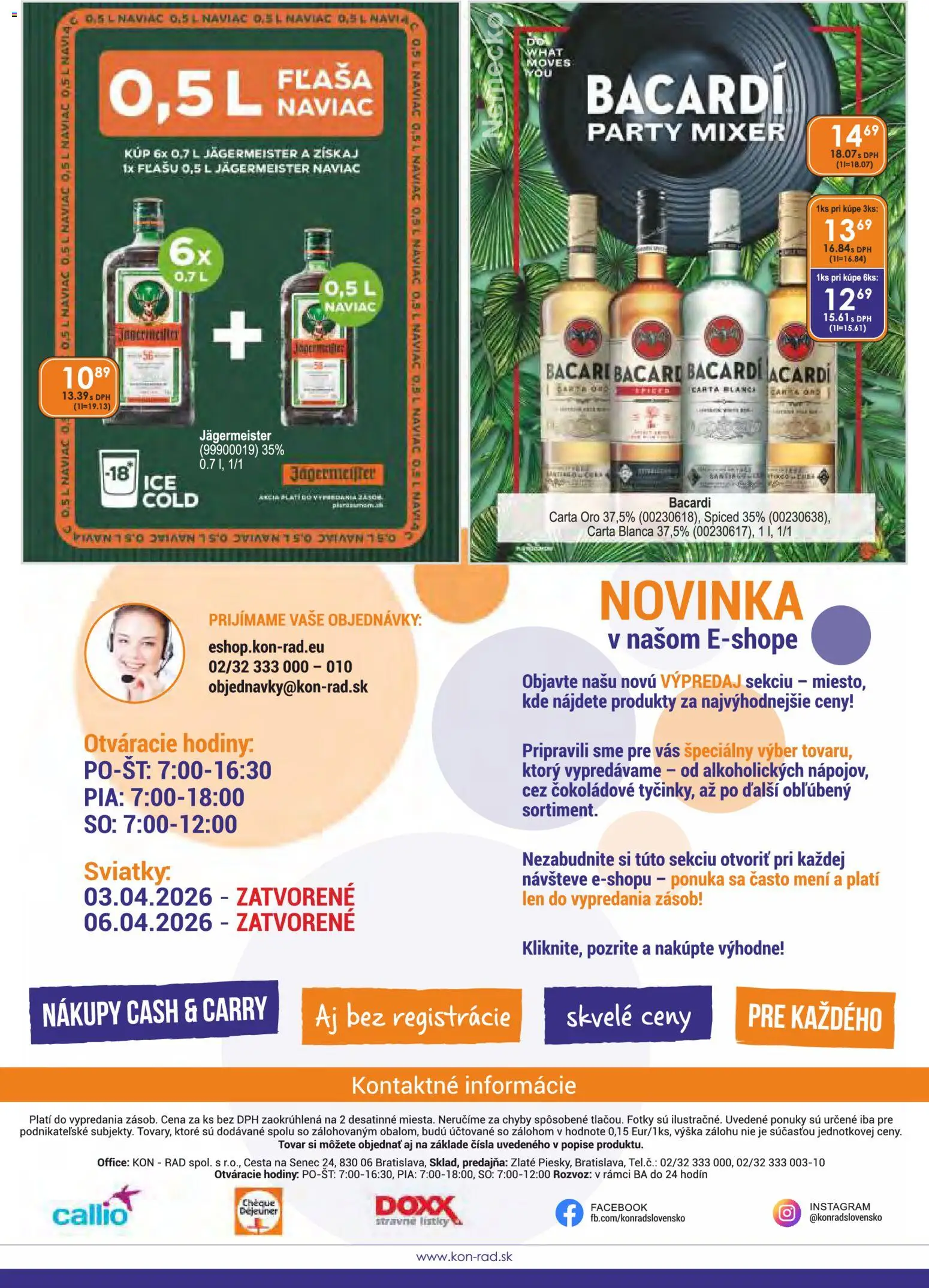 Náhľad KON - RAD letáku platného od 01.03.2026 - Hodiny, Jägermeister, Bacardi, Mixér
