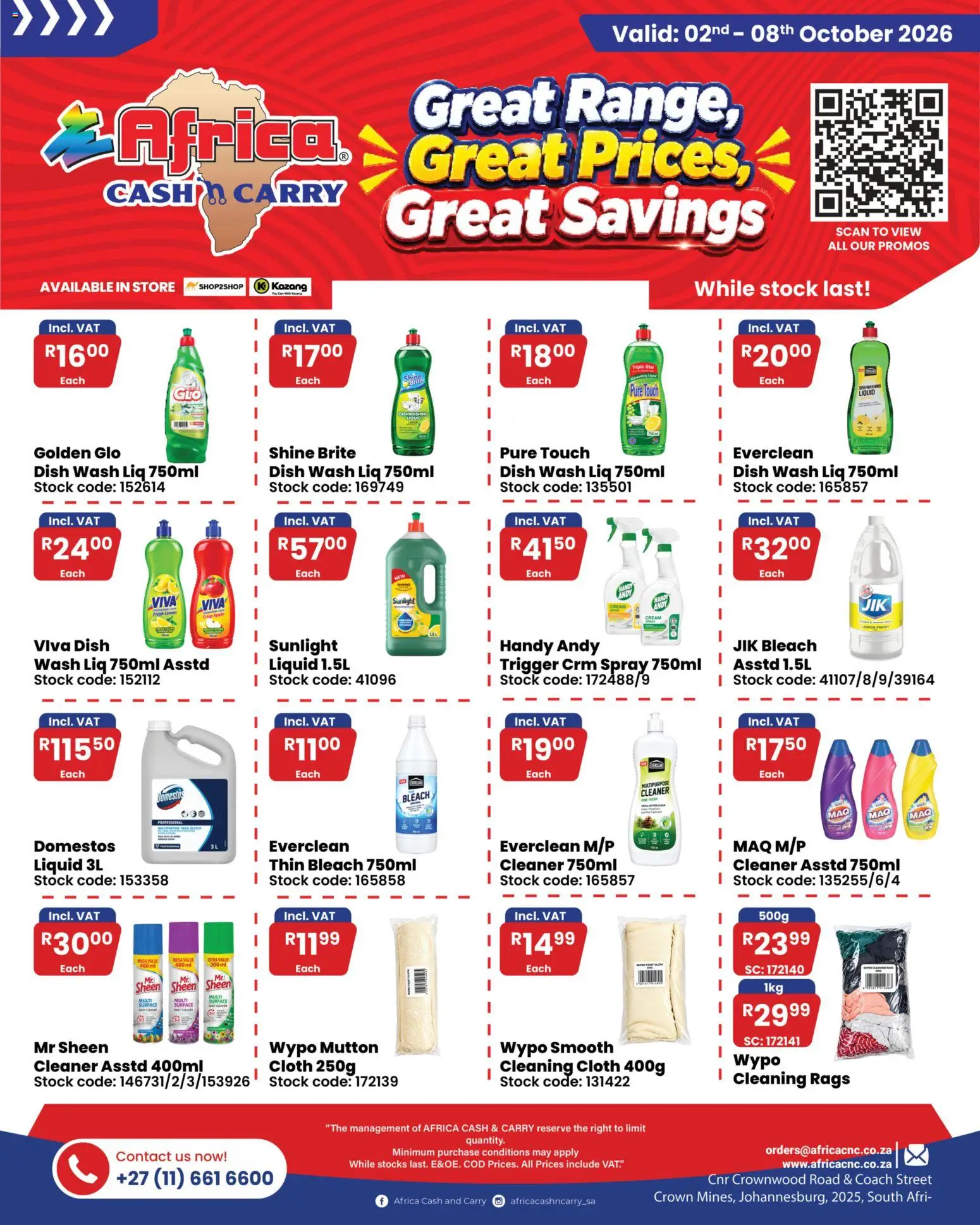 Preview of Africa Cash & Carry flyer valid from 02/10/2026 - Bleach, Cream, Lemon, Stock, Rags, Hand cream, Dishwashing liquid
