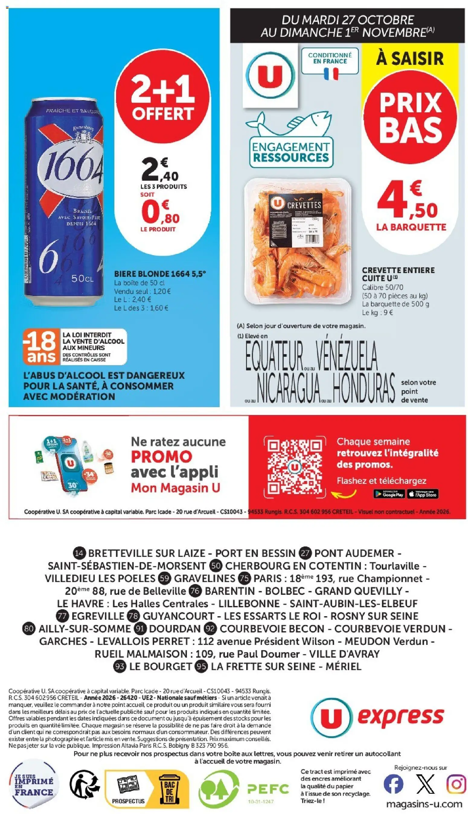 Prévisualisation de U Express - Les prix bas de la semaine du magasin U Express formulaire valide 27/10/2026 - Store, Bière, Impression, Crevette, Crevettes, Bière blonde, Biere blonde 1664