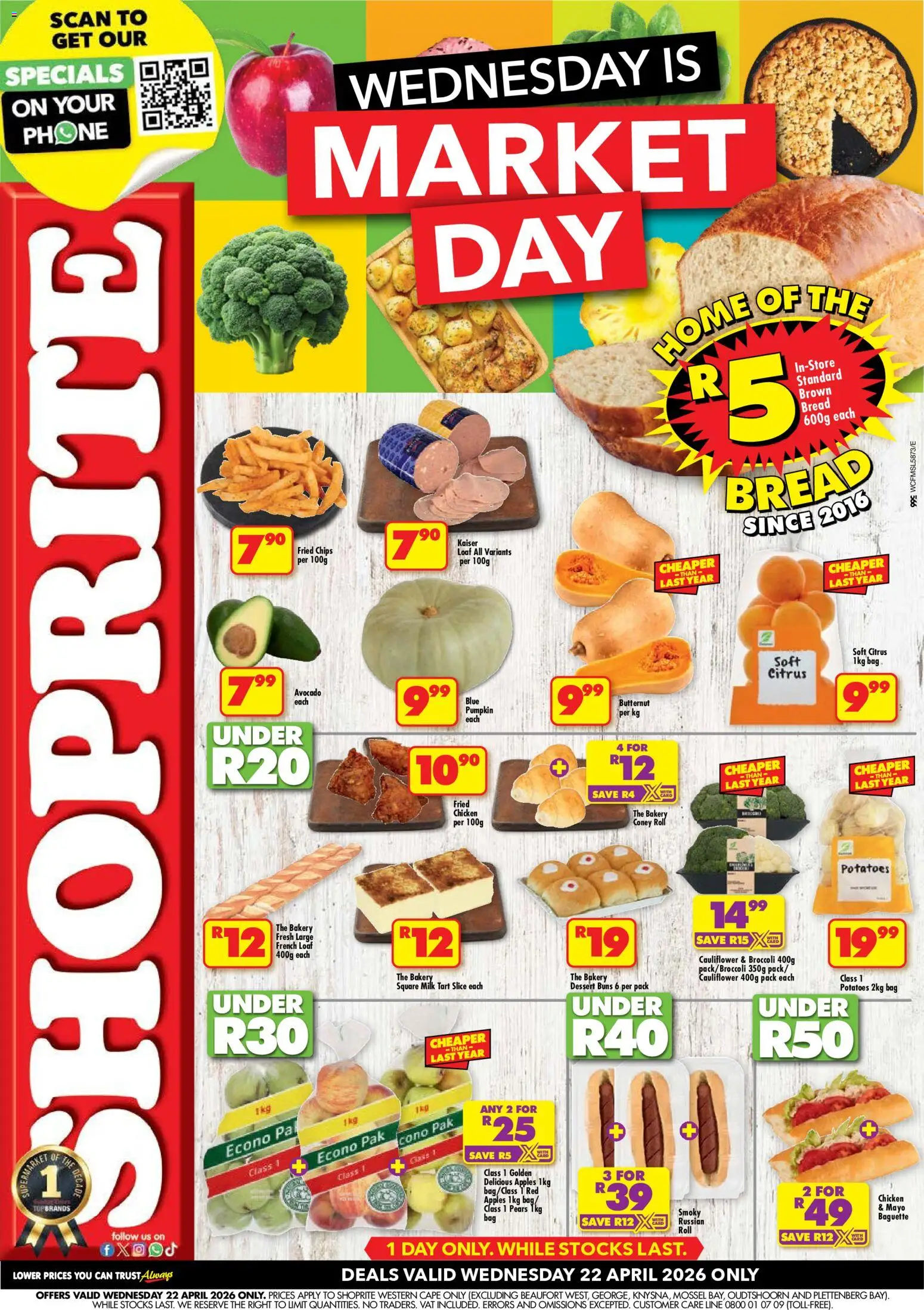Preview of Shoprite flyer valid from 22/04/2026 - Apples, Phone, Chicken, Dessert, Broccoli, Chips, Pears, Baguette