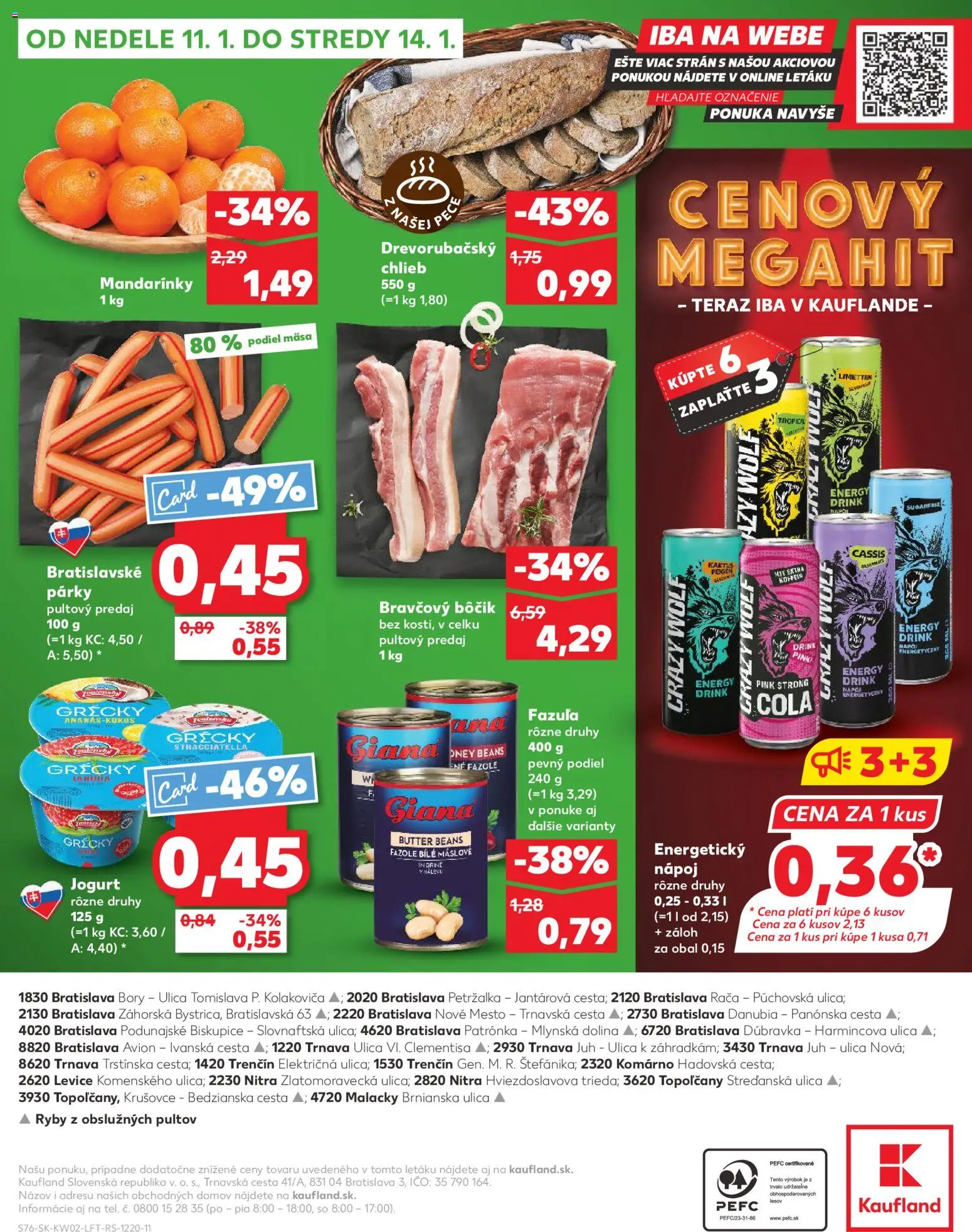 Náhľad Kaufland letáku platného od 08.01.2026 - Ryby, Chlieb, Fazuľa, Párky, Cola, Bravčový bôčik, Ananás, Mandarinky