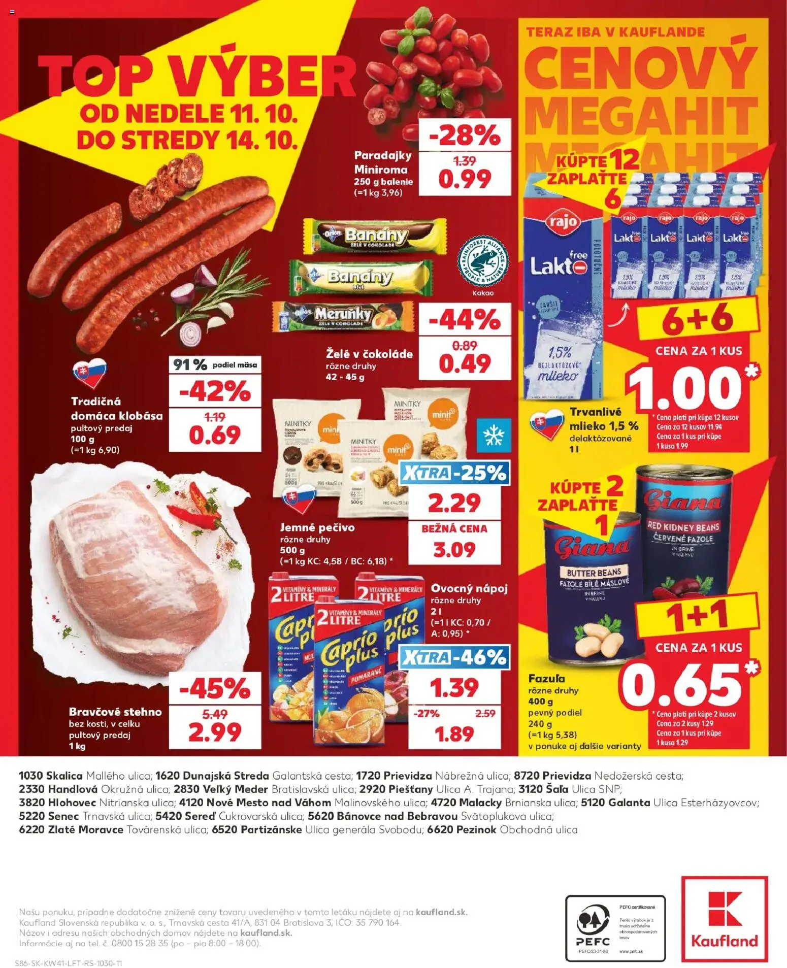 Náhľad Kaufland letáku platného od 08.10.2026 - Mlieko, Paradajky, Kakao, Klobása, Fazuľa, Bravčové stehno, Pečivo, Banány