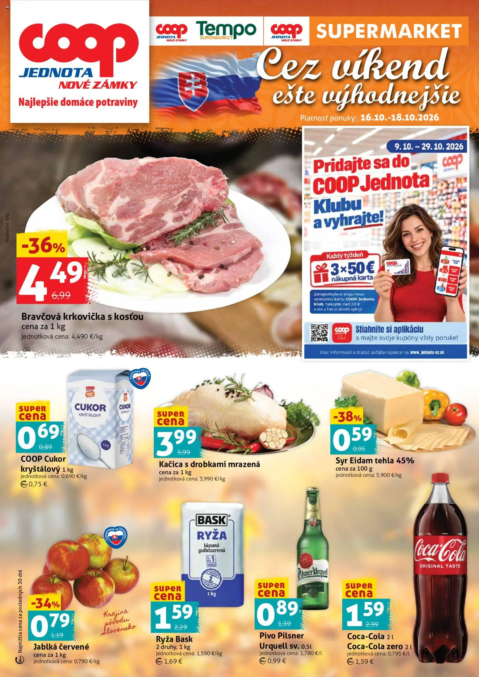 Náhľad COOP Jednota letáku platného od 16.10.2026 - Pivo, Syr, Krkovička, Ryža, Cukor, Kačica, Jablká, Eidam