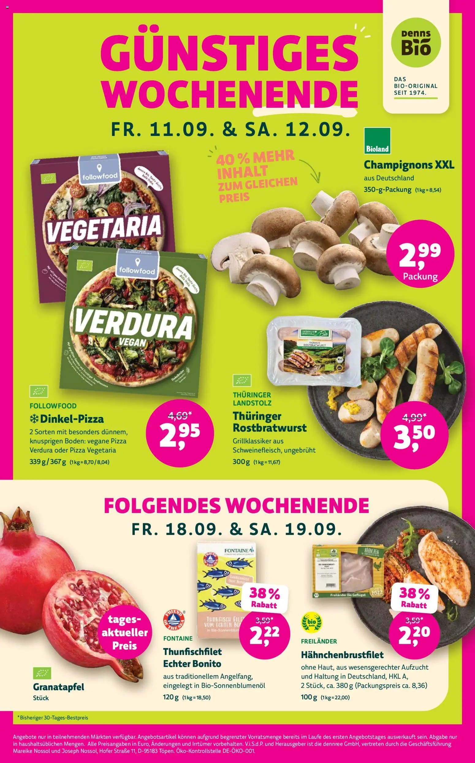 Vorschau von dem Prospekt des Geschäftes Denns BioMarkt, gültig ab dem 09.09.2026 - Pizza, Wurst, Granatapfel, Thunfisch, Champignons