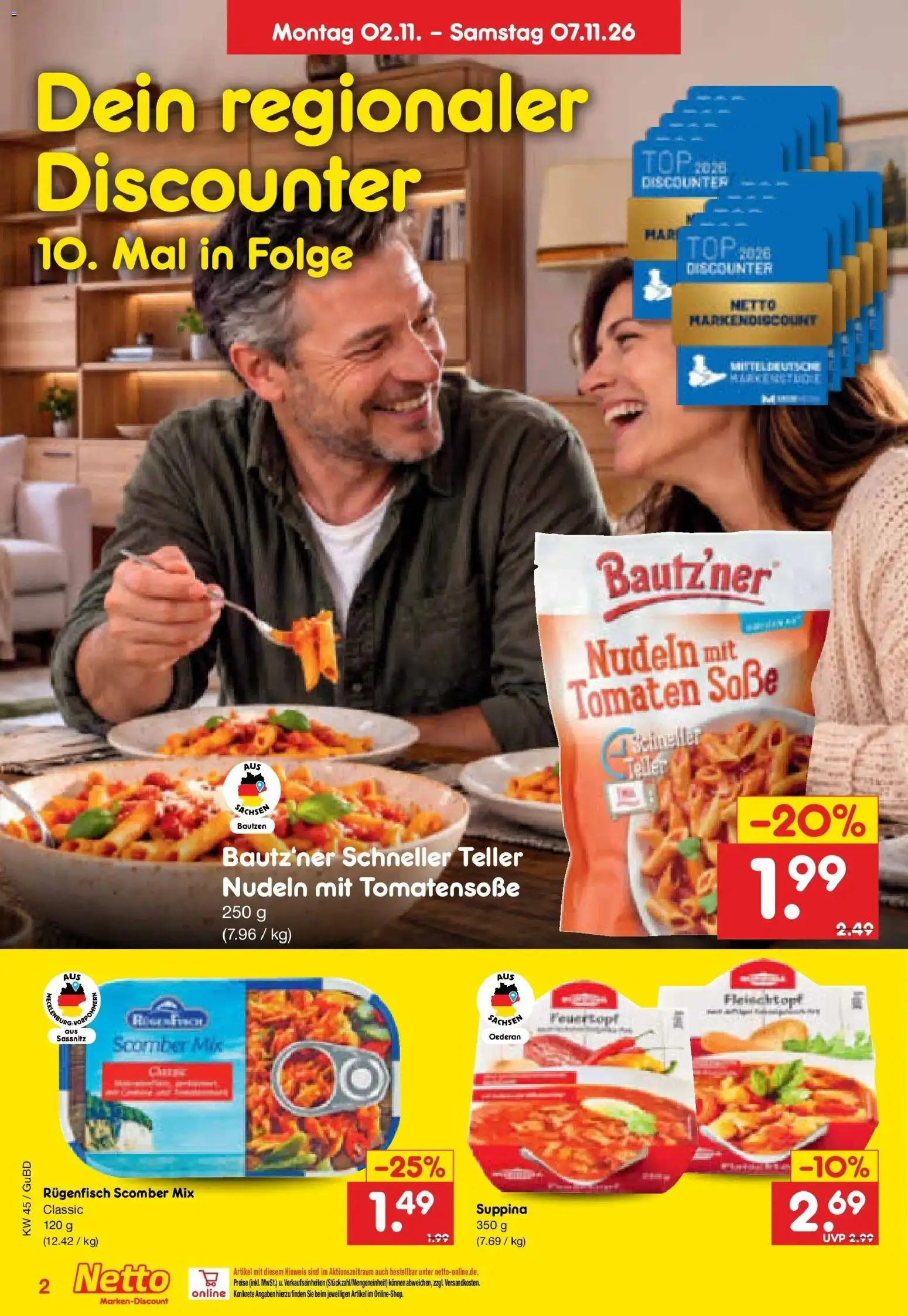 Vorschau von dem Prospekt des Geschäftes Netto Marken-Discount, gültig ab dem 02.11.2026 - Nudeln, Top, Tomaten, Soße
