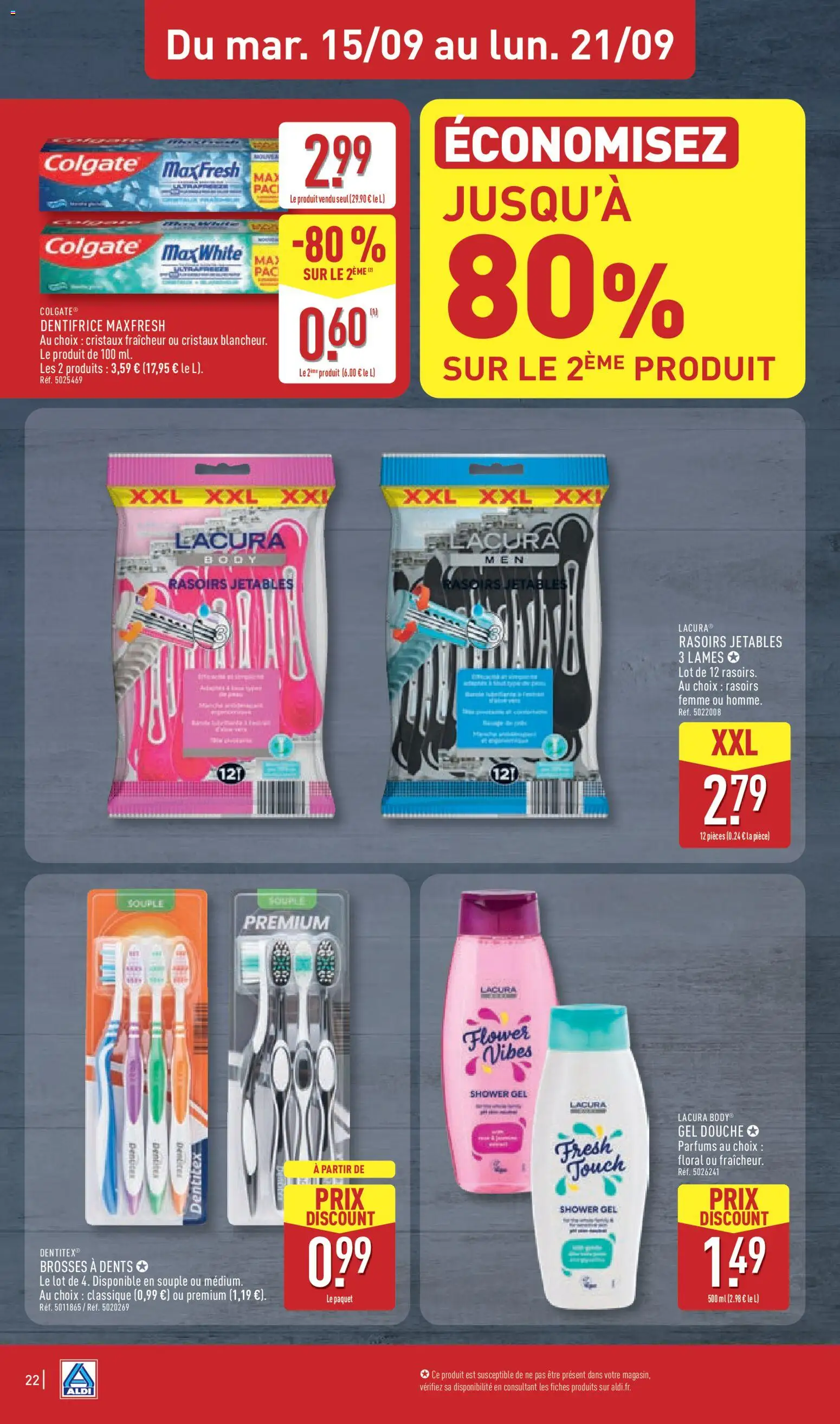 Prévisualisation de Aldi catalogue du magasin Aldi formulaire valide 15/09/2026 - Parfums, Body, Gel douche, Douche, Dentifrice, Brosses a dents, Rasoirs jetables