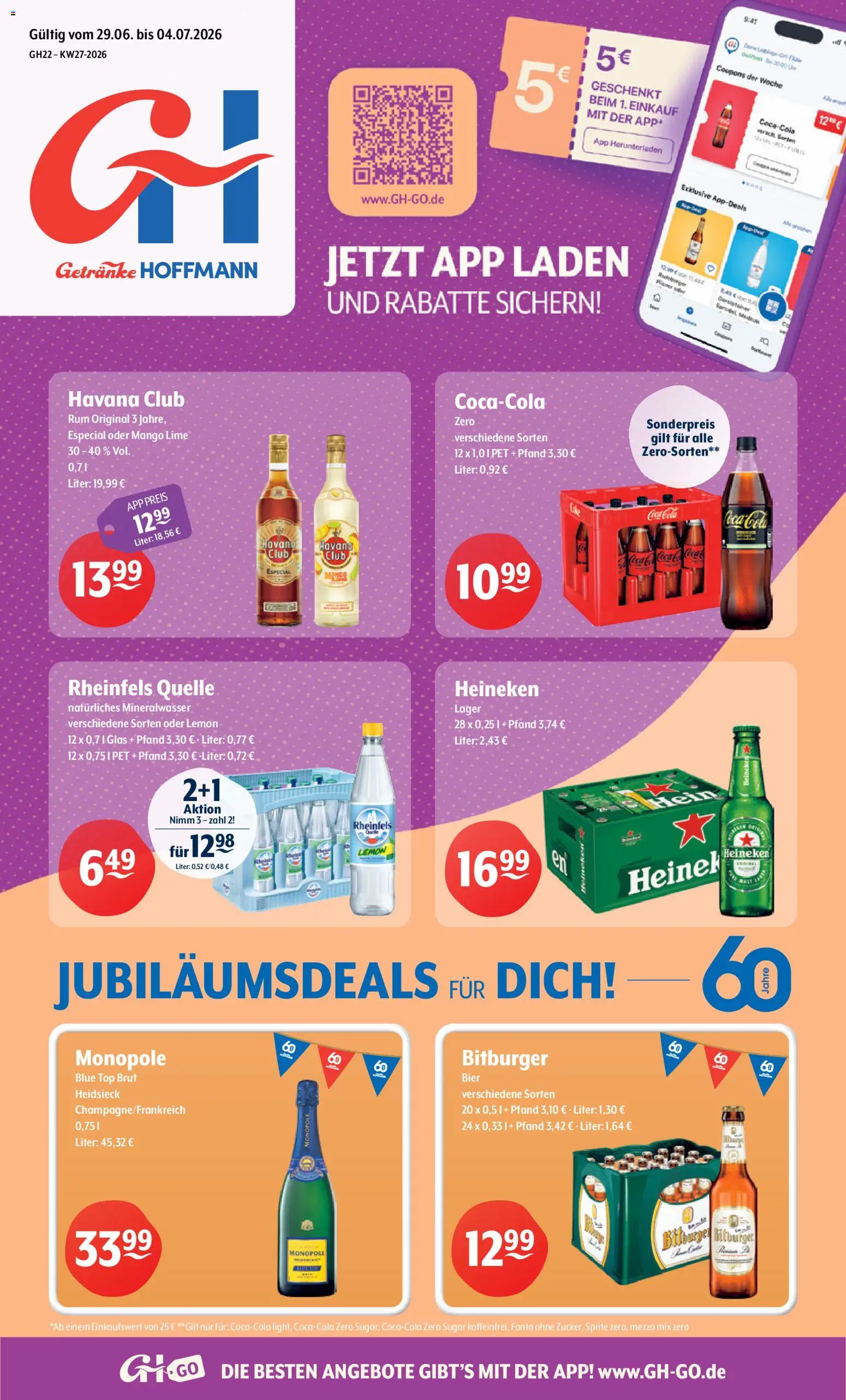Vorschau von dem Prospekt des Geschäftes Getränke Hoffmann, gültig ab dem 29.06.2026 - Bier, Mineralwasser, Havana club, Rum, Heineken, Sprite, Mezzo mix, Rheinfels quelle