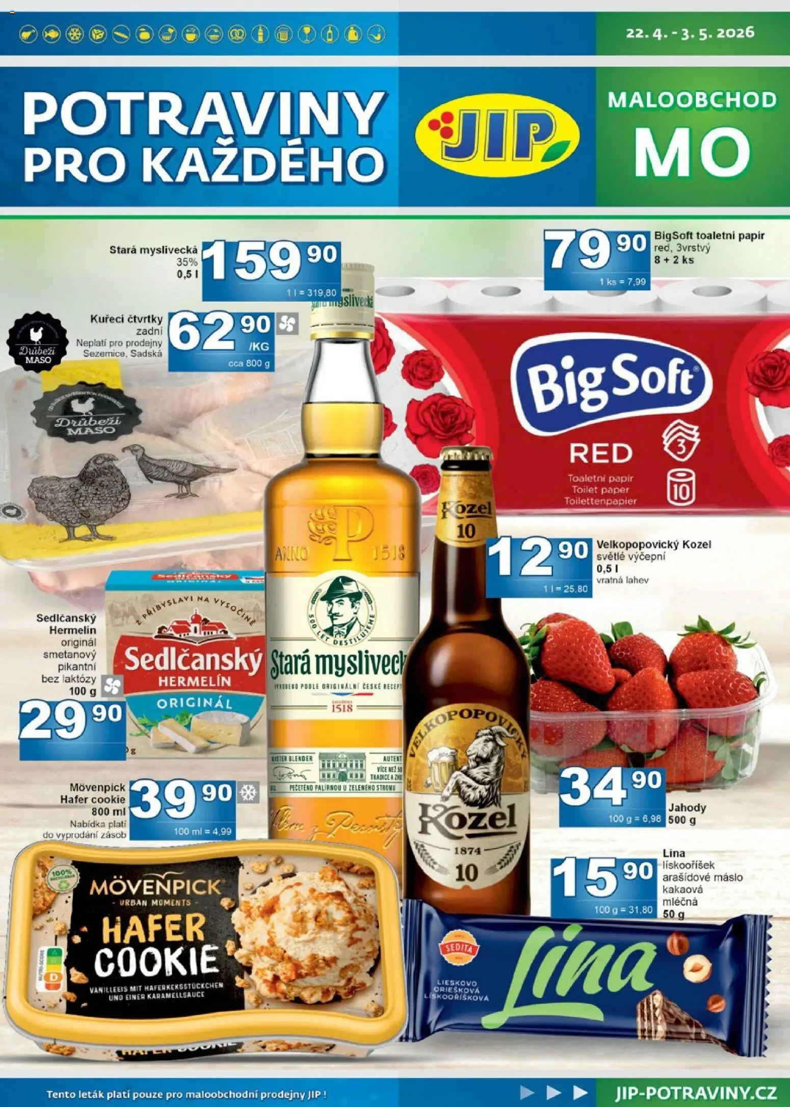 Náhled nabídky: Jip Jip leták platný od 22.04.2026 - Potraviny, Máslo, Kozel, Hermelín, Arašídové máslo, Stará myslivecká, Láhev, Velkopopovický Kozel
