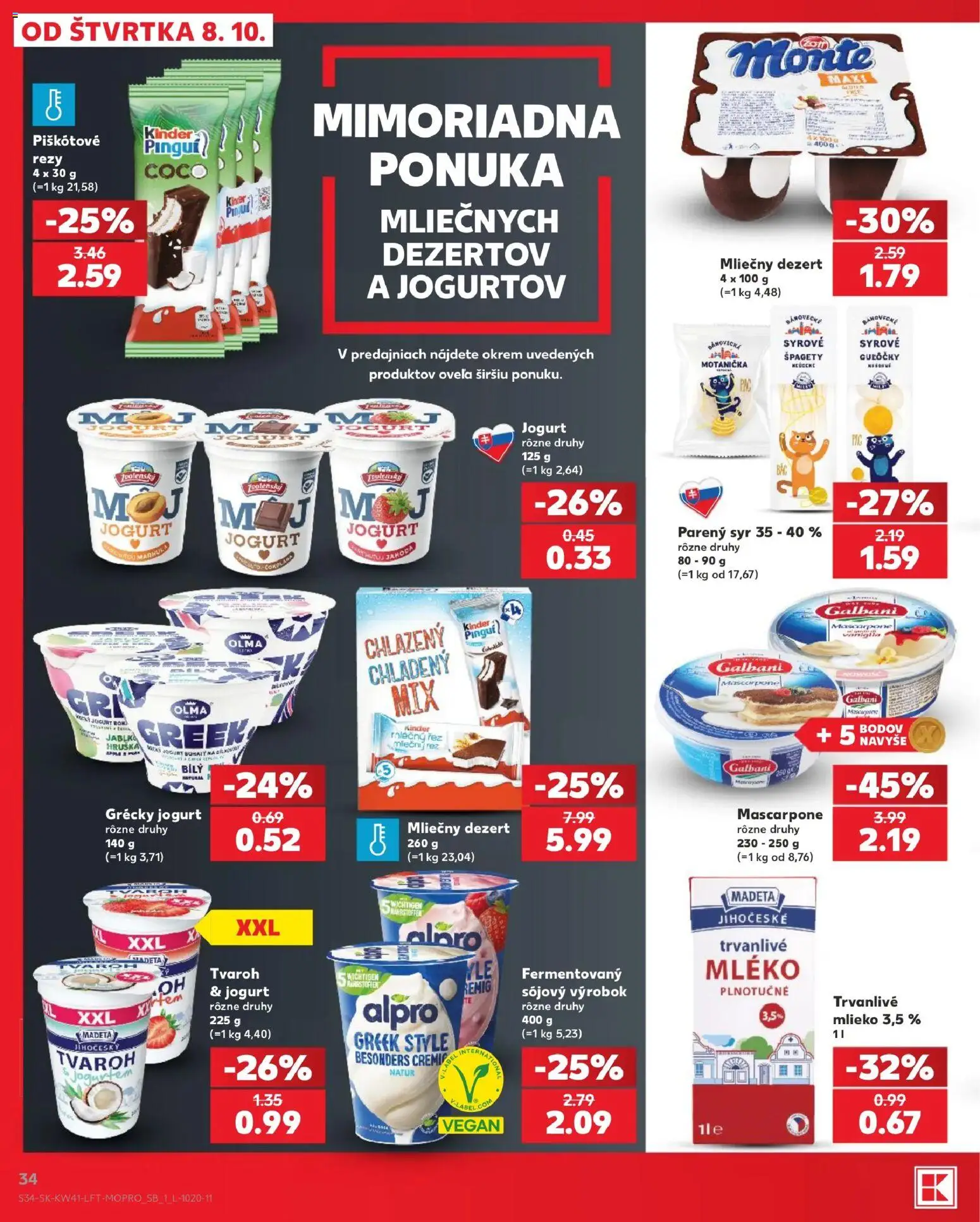 Náhľad Kaufland letáku platného od 08.10.2026 - Tvaroh, Špagety, Mlieko, Kinder, Dezert, Jogurt, Alpro, Grécky jogurt