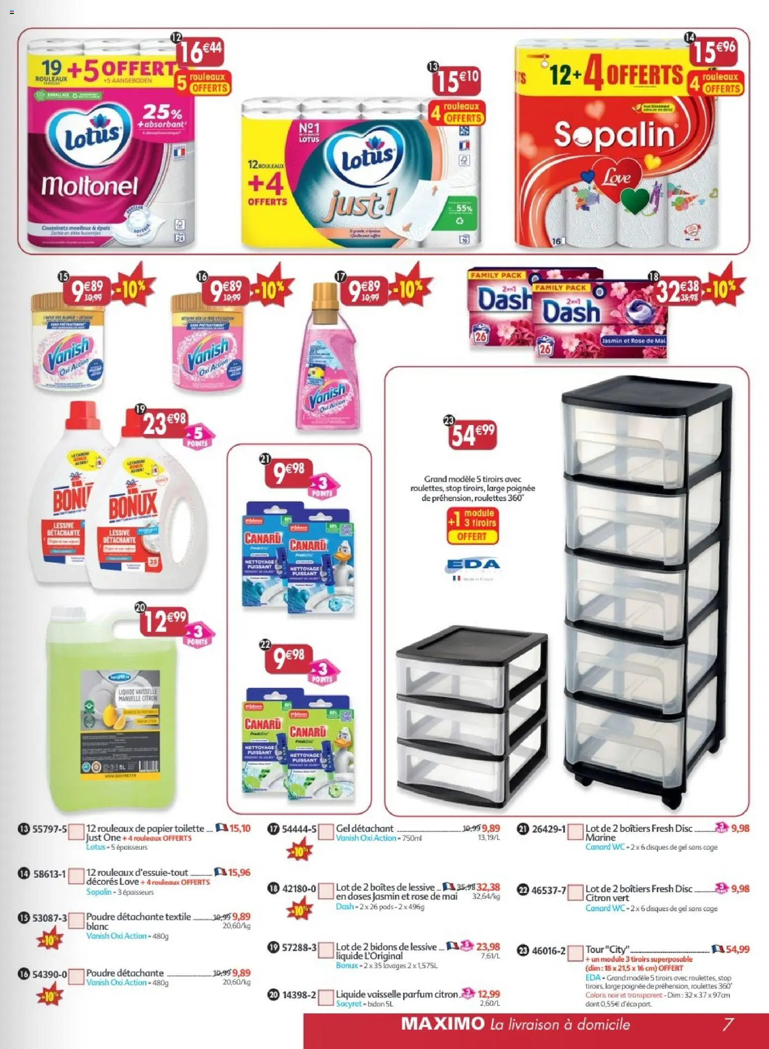 Prévisualisation de Maximo catalogue epicerie du magasin Maximo formulaire valide 24/08/2026 - Parfum, Canard, Lotus, Citron, Lessive, Papier toilette, Tiroirs, Détachant