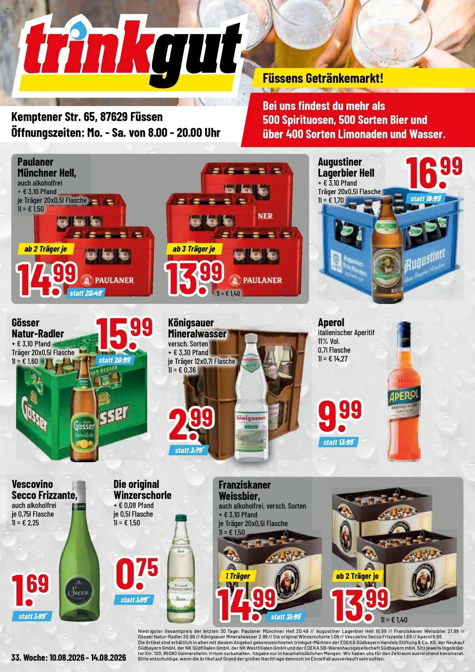 Vorschau von dem Prospekt des Geschäftes Trinkgut, gültig ab dem 10.08.2026 - Uhr, Bier, Aperol, Mineralwasser, Paulaner, Franziskaner, Weißbier