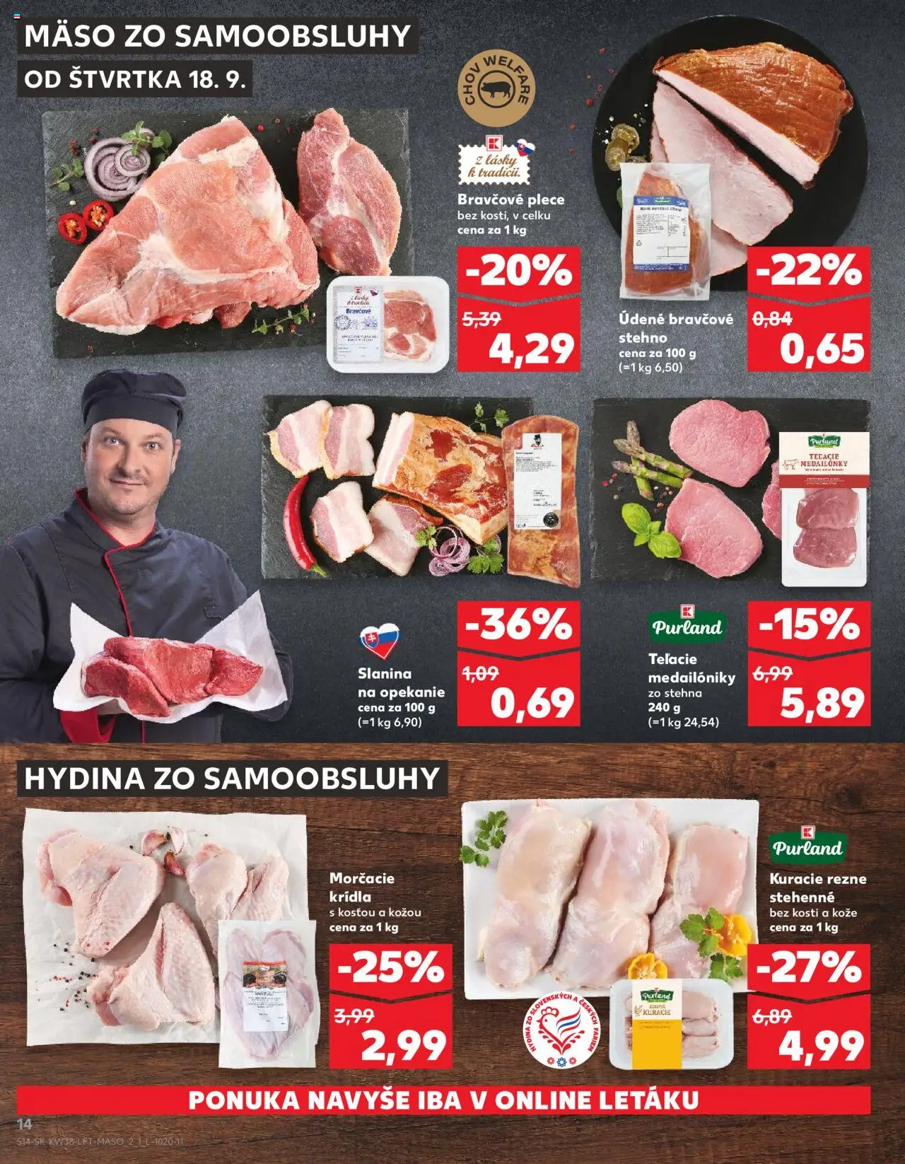 Náhľad Kaufland letáku platného od 18.09.2025 - Mäso, Kuracie rezne, Slanina, Bravčové stehno, Bravčové plece