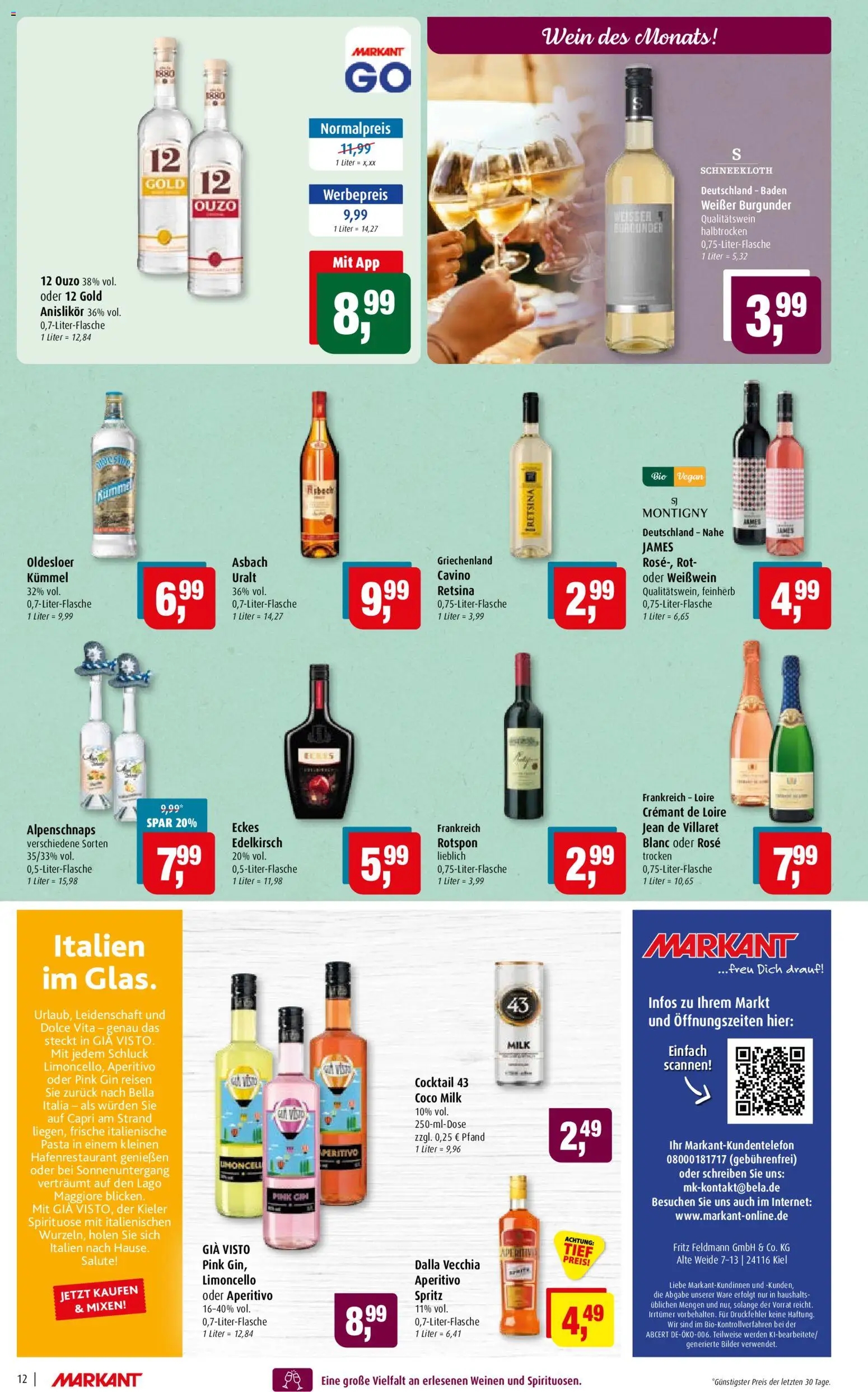 Vorschau von dem Prospekt des Geschäftes Markant, gültig ab dem 07.09.2026 - Bilder, Wein, Limoncello, Gin, Asbach, Ouzo, Weißwein, Oldesloer