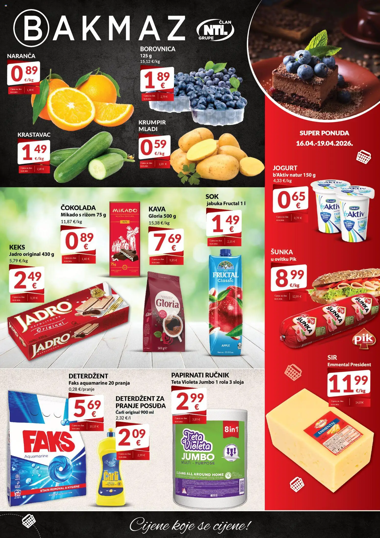 Pregled letka Bakmaz Letak trgovine Bakmaz vrijedi od 16.04.2026 - Kava, Čokolada, Krastavac, Jogurt, Borovnica, Violeta, Ručnik, Faks