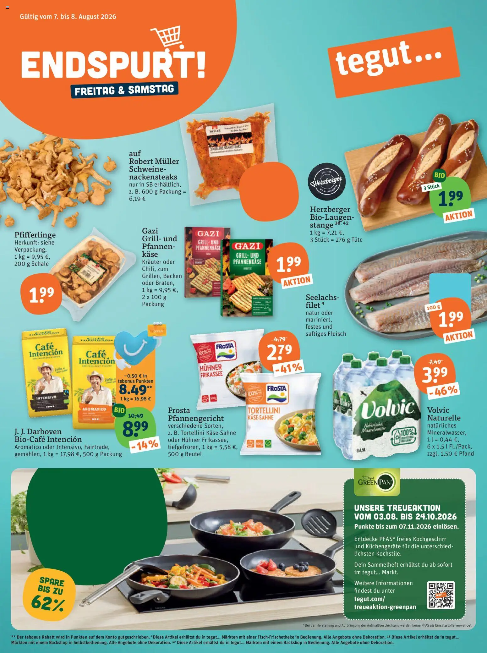 Vorschau von dem Prospekt des Geschäftes Tegut, gültig ab dem 03.08.2026 - Grill, Pfifferlinge, Fleisch, Frosta, Volvic, Nackensteaks