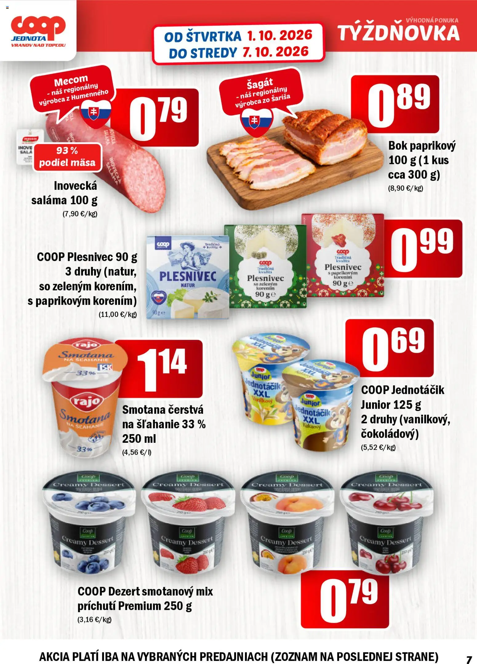 Náhľad COOP Jednota letáku platného od 01.10.2026 - Dezert, Smotana, Saláma