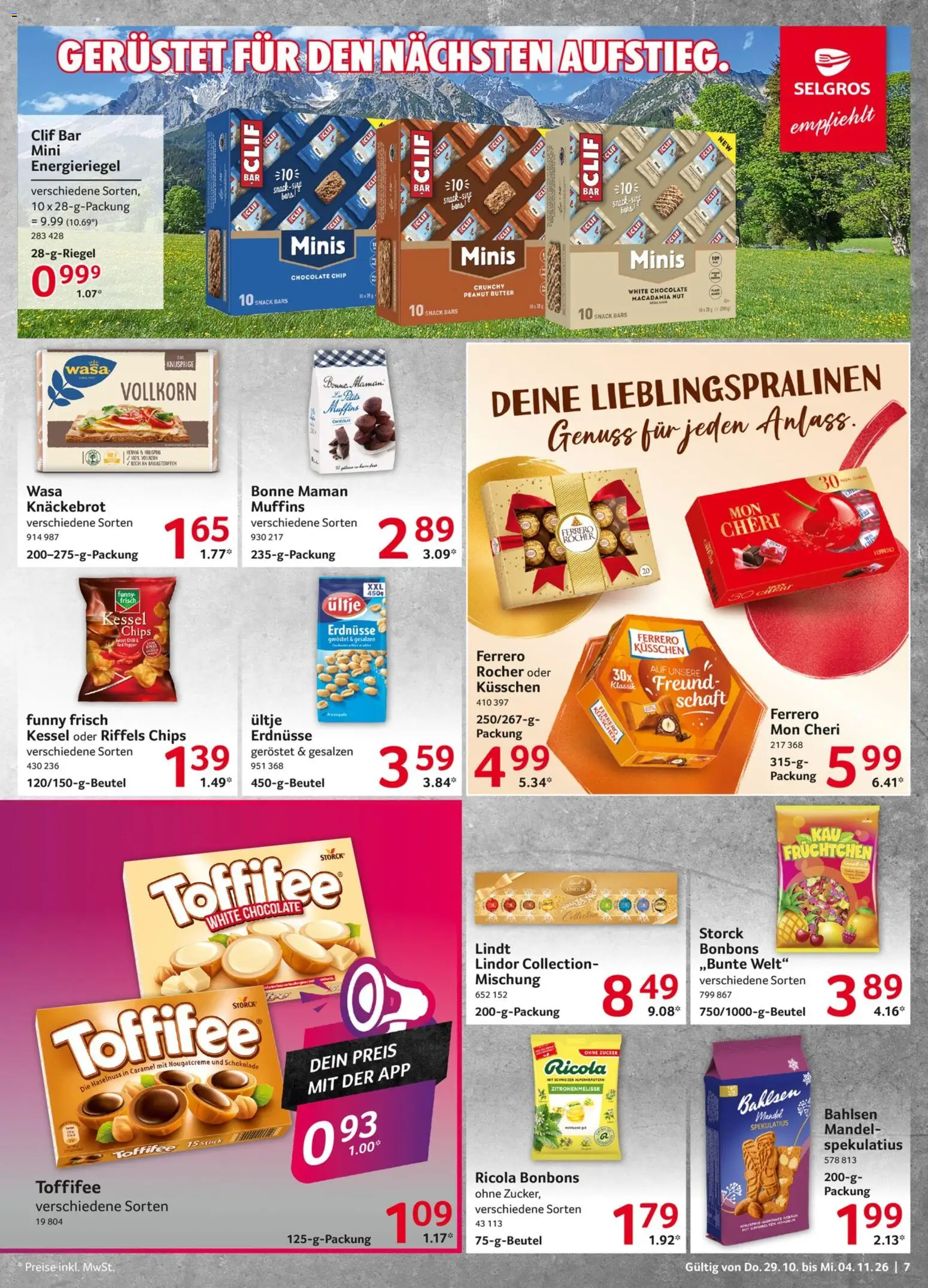 Vorschau von dem Prospekt des Geschäftes Selgros, gültig ab dem 29.10.2026 - Chips, Butter, Toffifee, Zucker, Chili, Erdnüsse, Bonne maman, Lindor