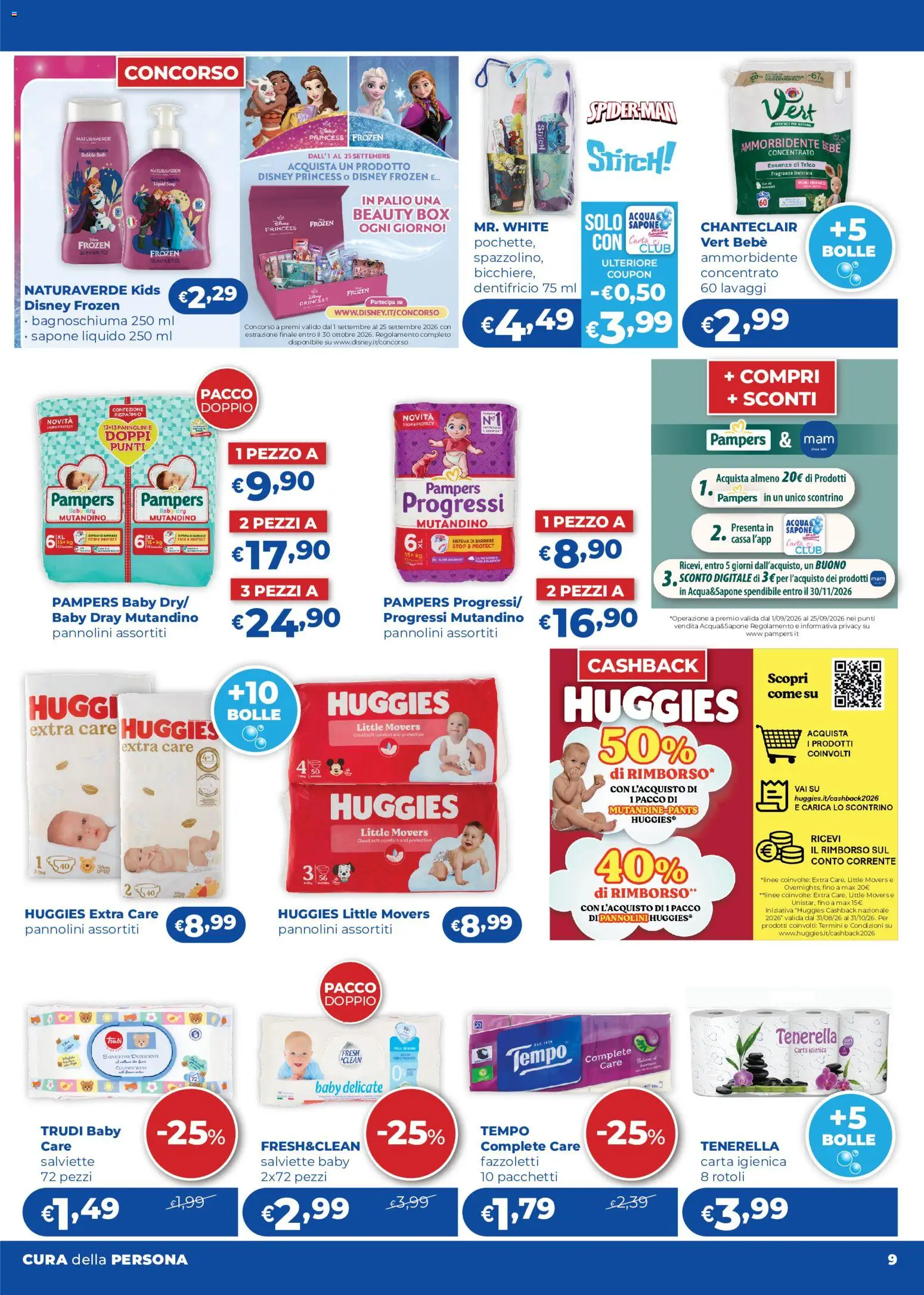 Anteprima dell'opuscolo Acqua e Sapone volantino 12/2026 dal negozio Acqua e Sapone valido da 03/09/2026 - Carta igienica, Pampers, Bagnoschiuma, Sapone, Pannolini, Dentifricio, Fazzoletti, Fragranza