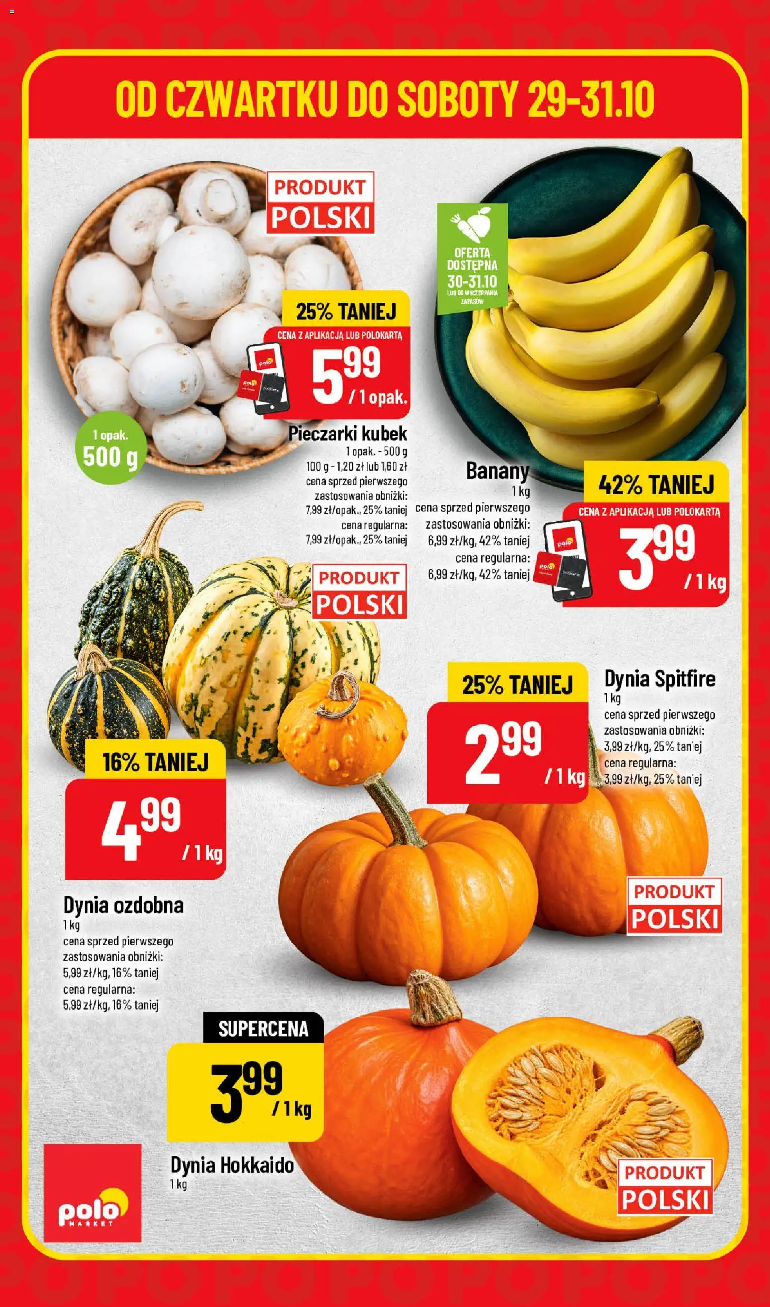 Pogląd gazetki "POLOmarket gazetka - Super Hity" ze sklepu POLOmarket ważnej od 29.10.2026 - Dynia, Dynia Hokkaido, Pieczarki, Banany