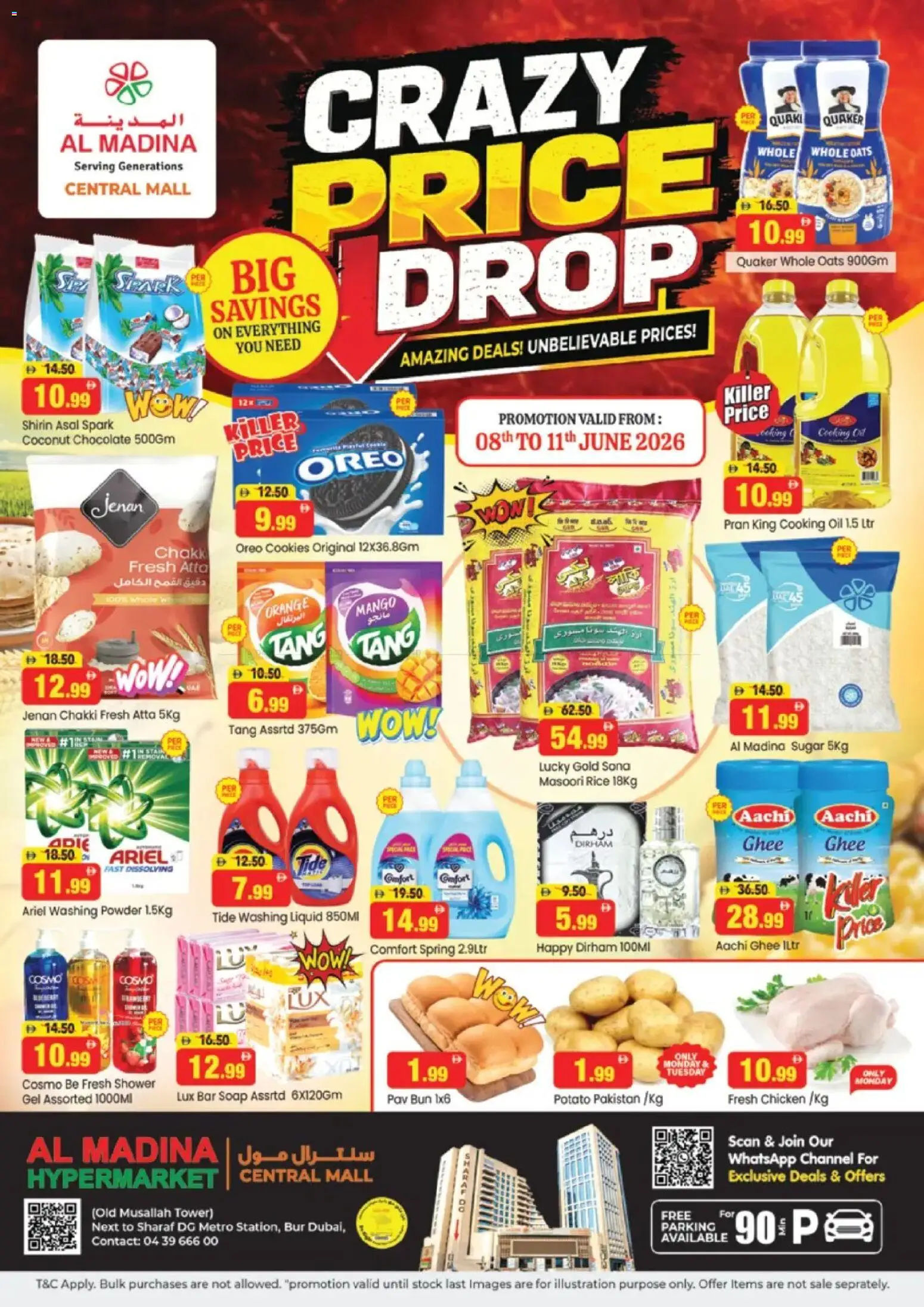 Preview of the catalogue Al Madina Crazy Price Drop of store Al Madina valid from 8 Jun, 2026 - Mango, Chicken, Cookies, Orange, Stock, Rice, Sugar, Washing powder
