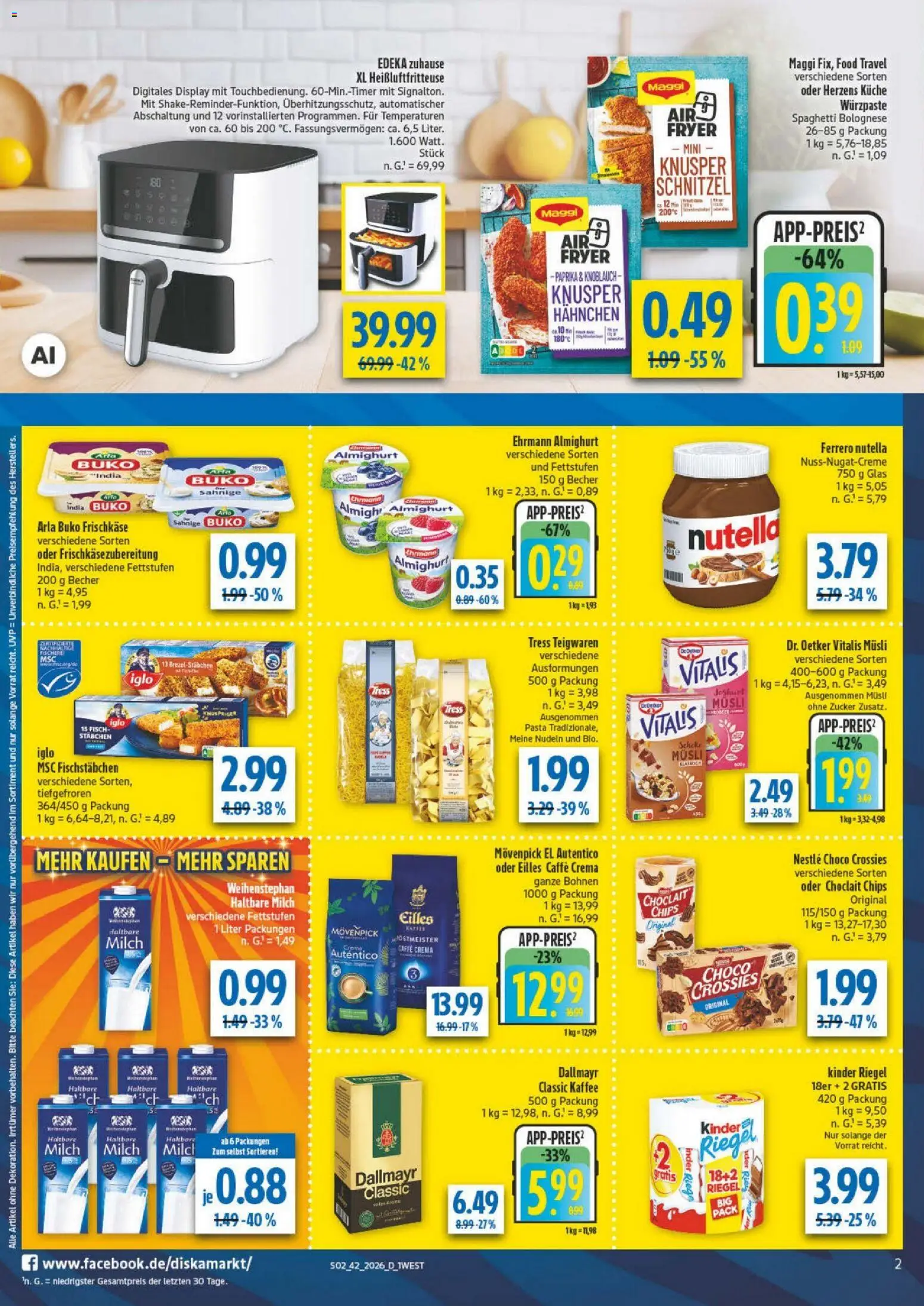Vorschau von dem Prospekt des Geschäftes Diska, gültig ab dem 12.10.2026 - Kaffee, Pasta, Milch, Paprika, Frischkase, Fischstabchen, Musli, Kinder riegel