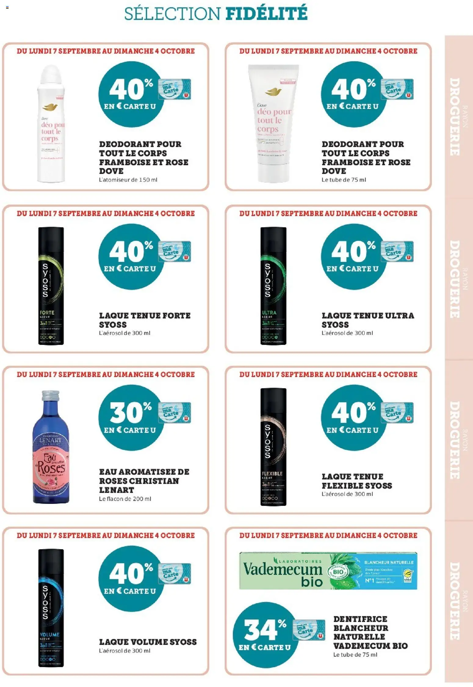 Prévisualisation de Super U - Ma sélection Carte U Septembre du magasin Super U formulaire valide 07/09/2026 - Framboise, Dentifrice, Déodorant, Laque, Eau aromatisée