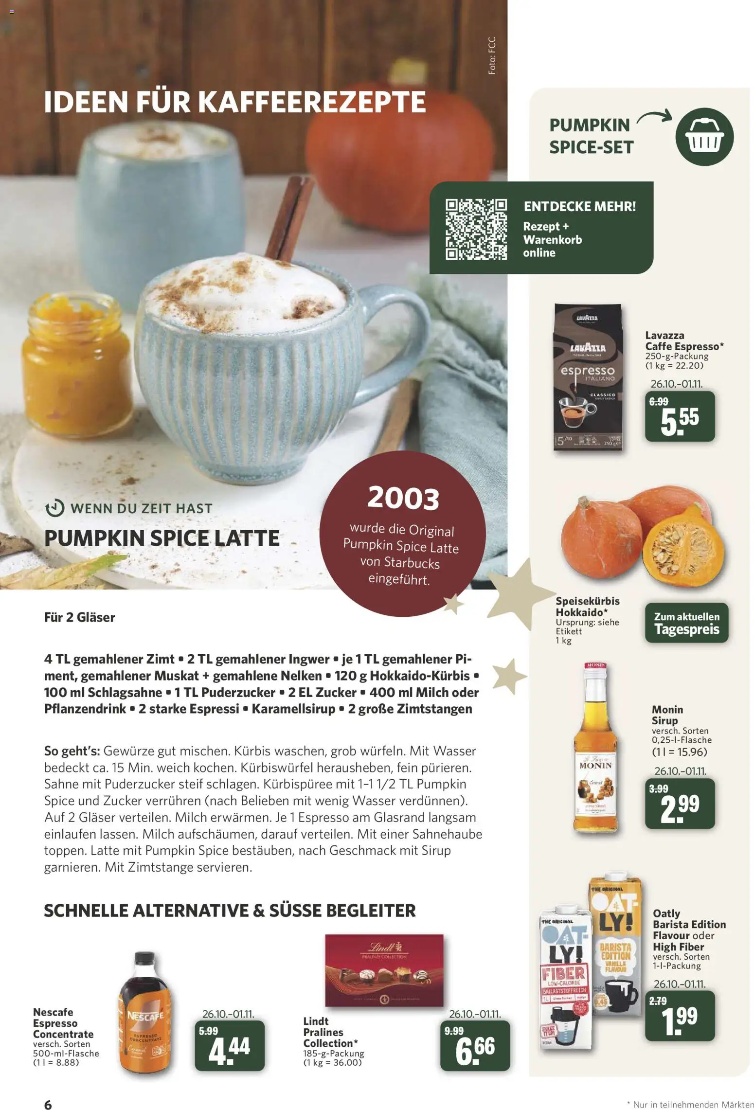 Vorschau von dem Prospekt des Geschäftes Combi, gültig ab dem 31.10.2026 - Starbucks, Wasser, Lindt, Kürbis, Milch, Lavazza, Schlagsahne, Oatly