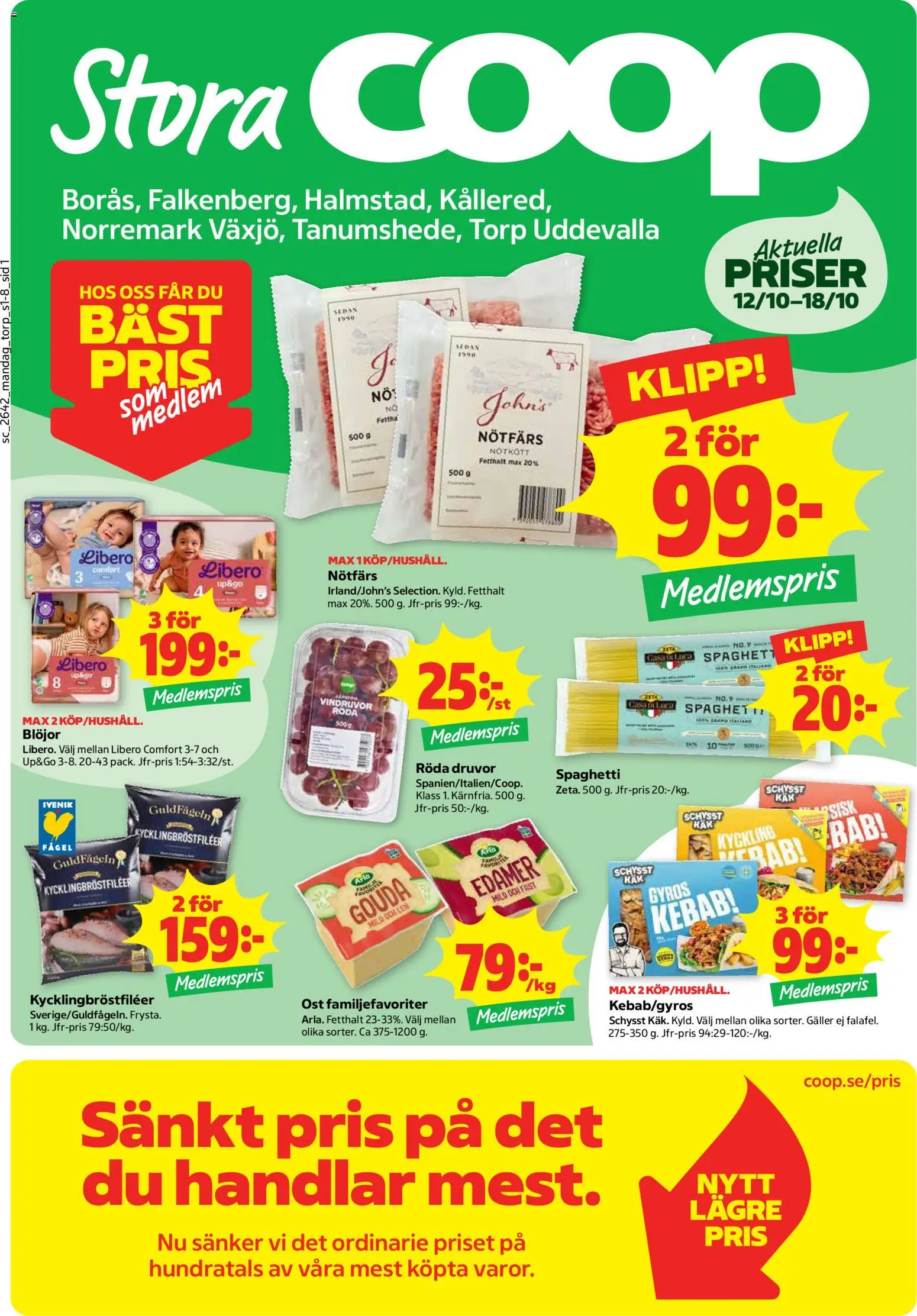 Förhandsgranska reklamblad Stora Coop erbjudanden från butik Stora Coop gäller från 12/10/2026 - Gyros, Ost, Galler, Spaghetti, Vindruvor, Nötfärs, Gouda, Edamer
