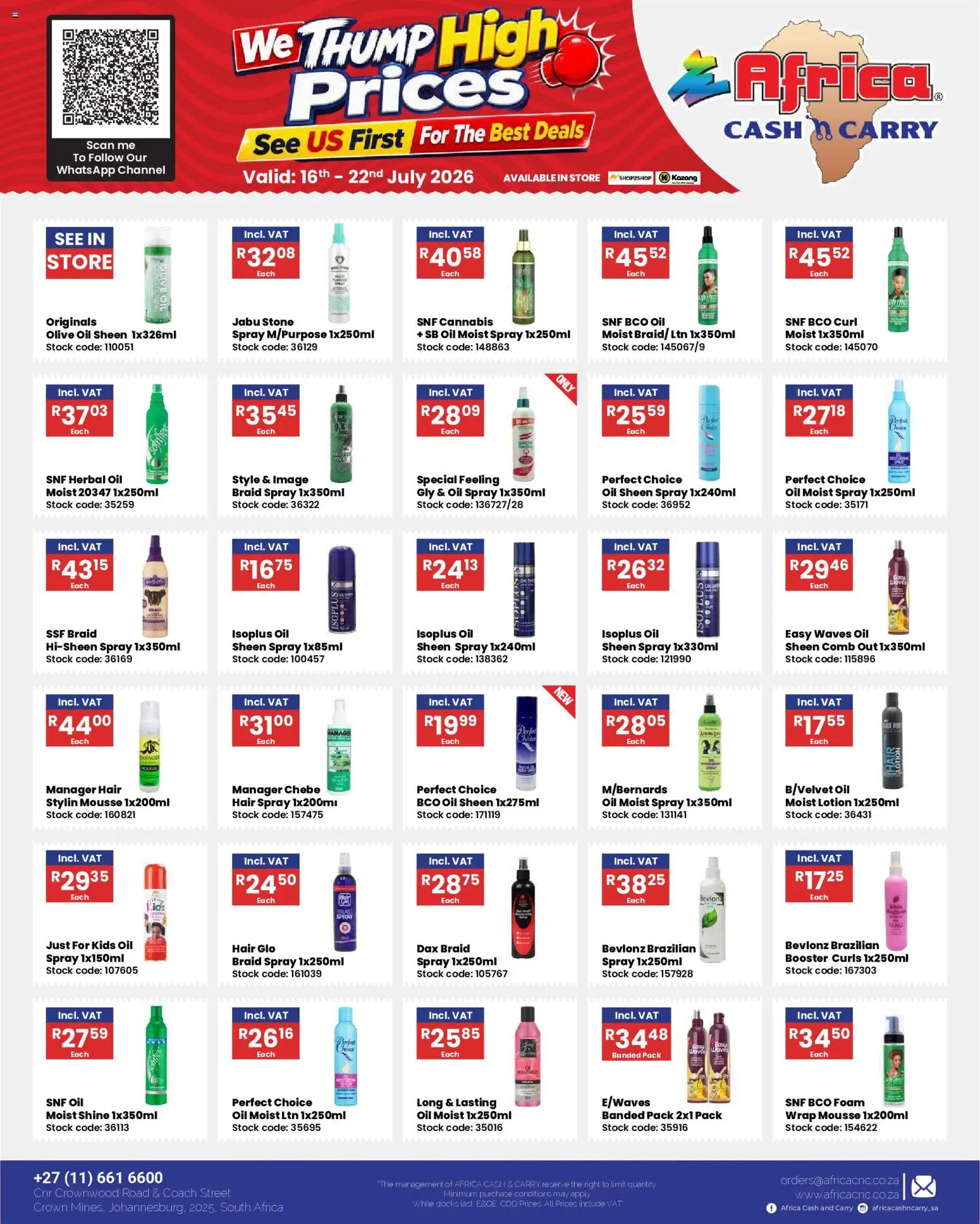 Preview of Africa Cash & Carry flyer valid from 16/07/2026 - Chair, Oil, Stock, Foam, Hair spray, Lotion